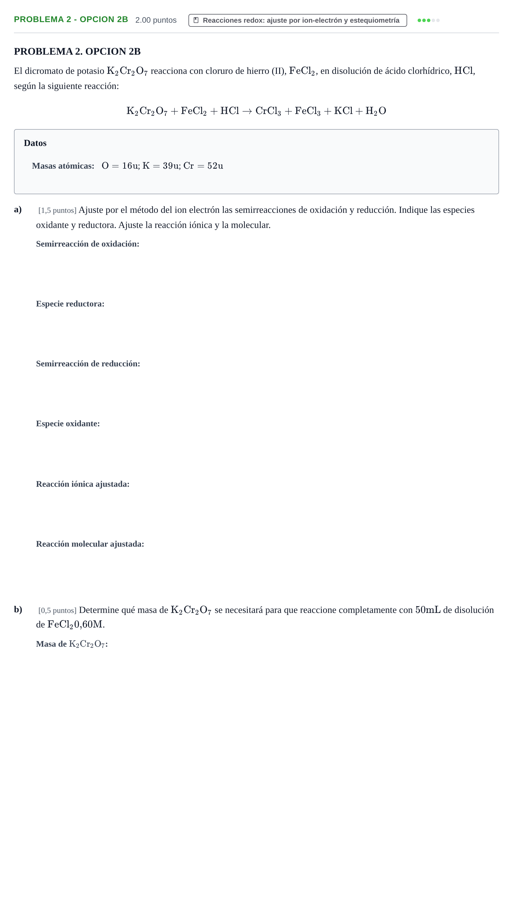 Enunciado: PROBLEMA 2 - OPCION 2B · Química PAU Castilla-La Mancha Ordinaria 2026