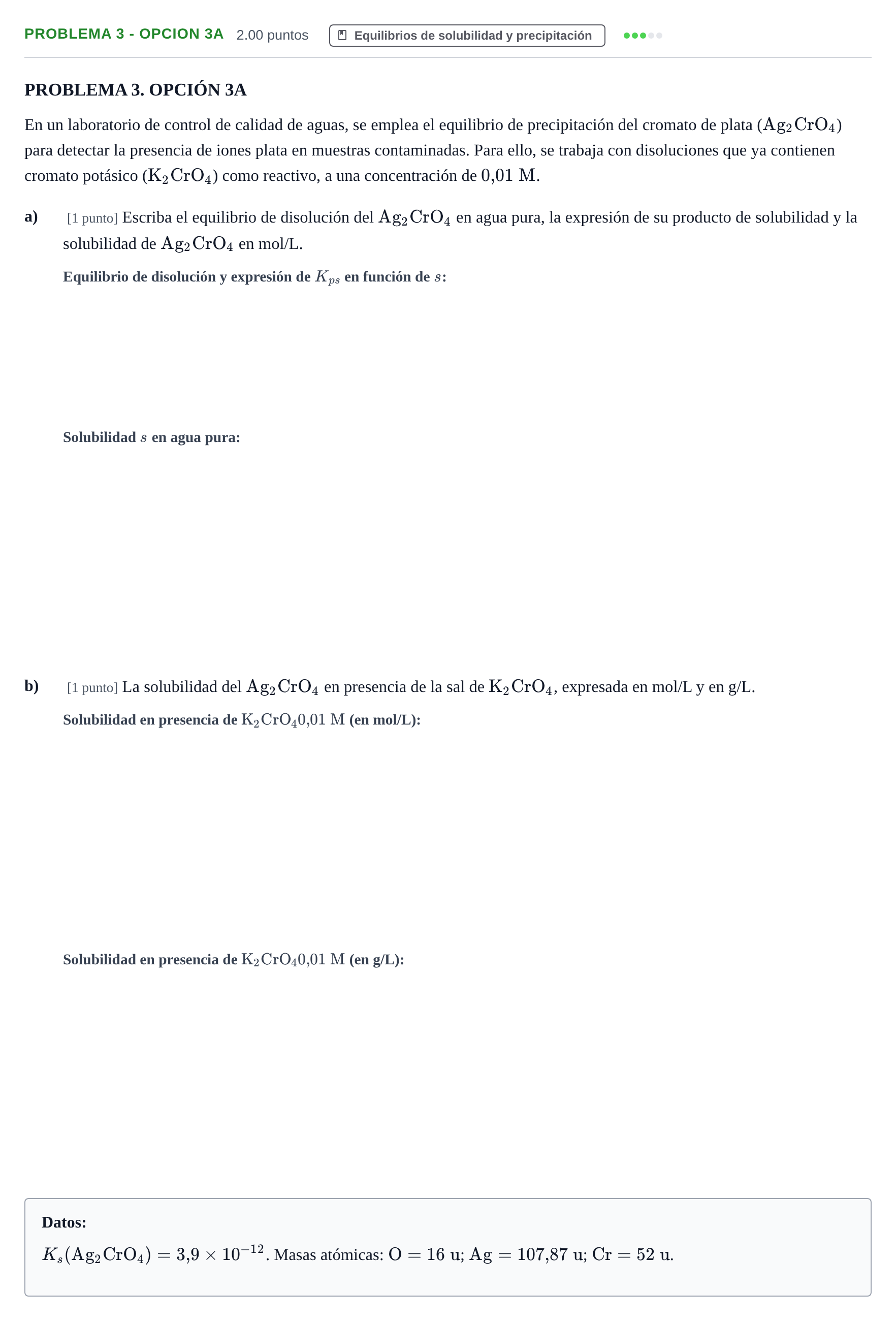 Enunciado: PROBLEMA 3 - OPCION 3A · Química PAU Castilla-La Mancha Ordinaria 2026