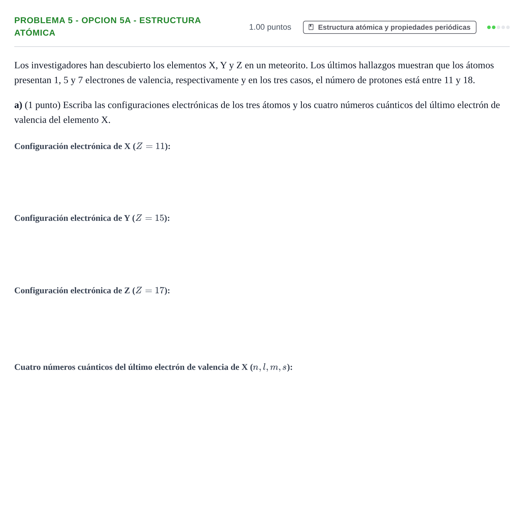 Enunciado: PROBLEMA 5 - OPCION 5A - Estructura atómica · Química PAU Castilla-La Mancha Ordinaria 2026
