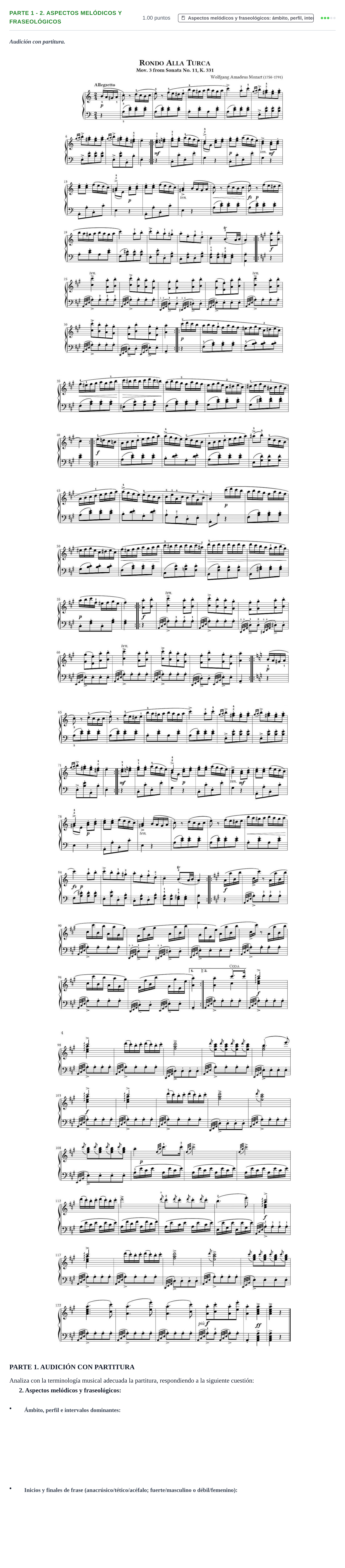 Enunciado: Ejercicio Parte 1 - 2. Aspectos melódicos y fraseológicos · Análisis Musical II PAU Castilla-La Mancha Extraordinaria 2026