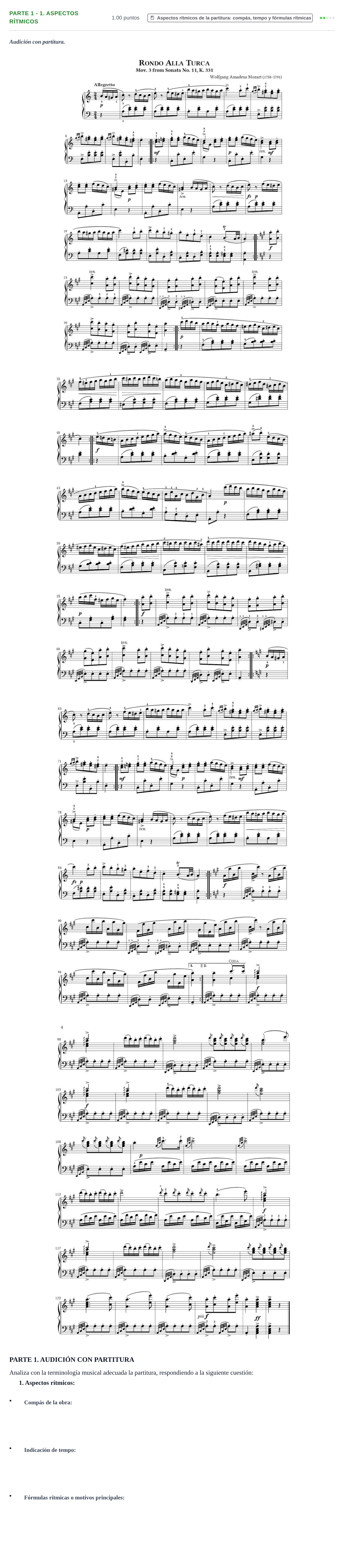 Enunciado: Ejercicio Parte 1 - 1. Aspectos rítmicos · Análisis Musical II PAU Castilla-La Mancha Extraordinaria 2026