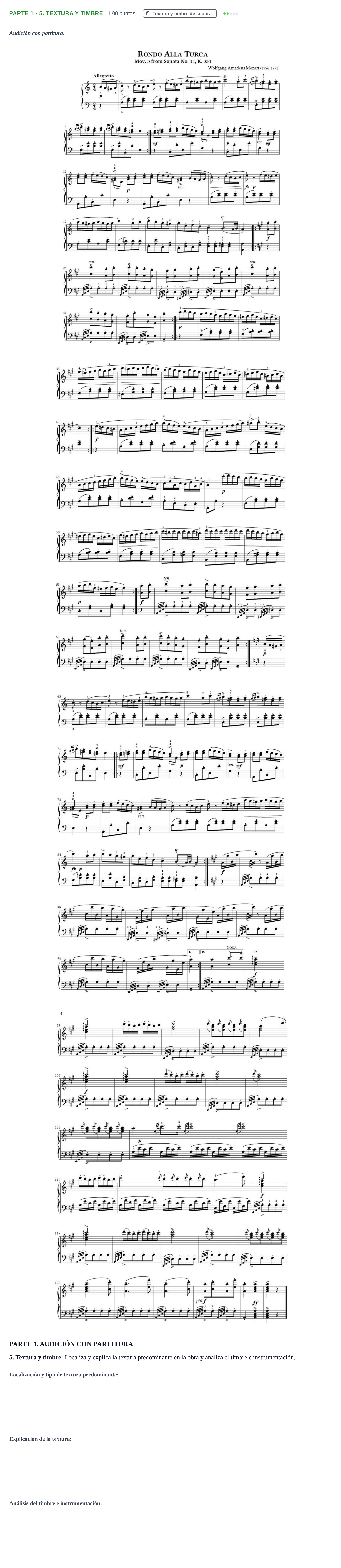 Enunciado: Ejercicio Parte 1 - 5. Textura y timbre · Análisis Musical II PAU Castilla-La Mancha Extraordinaria 2026