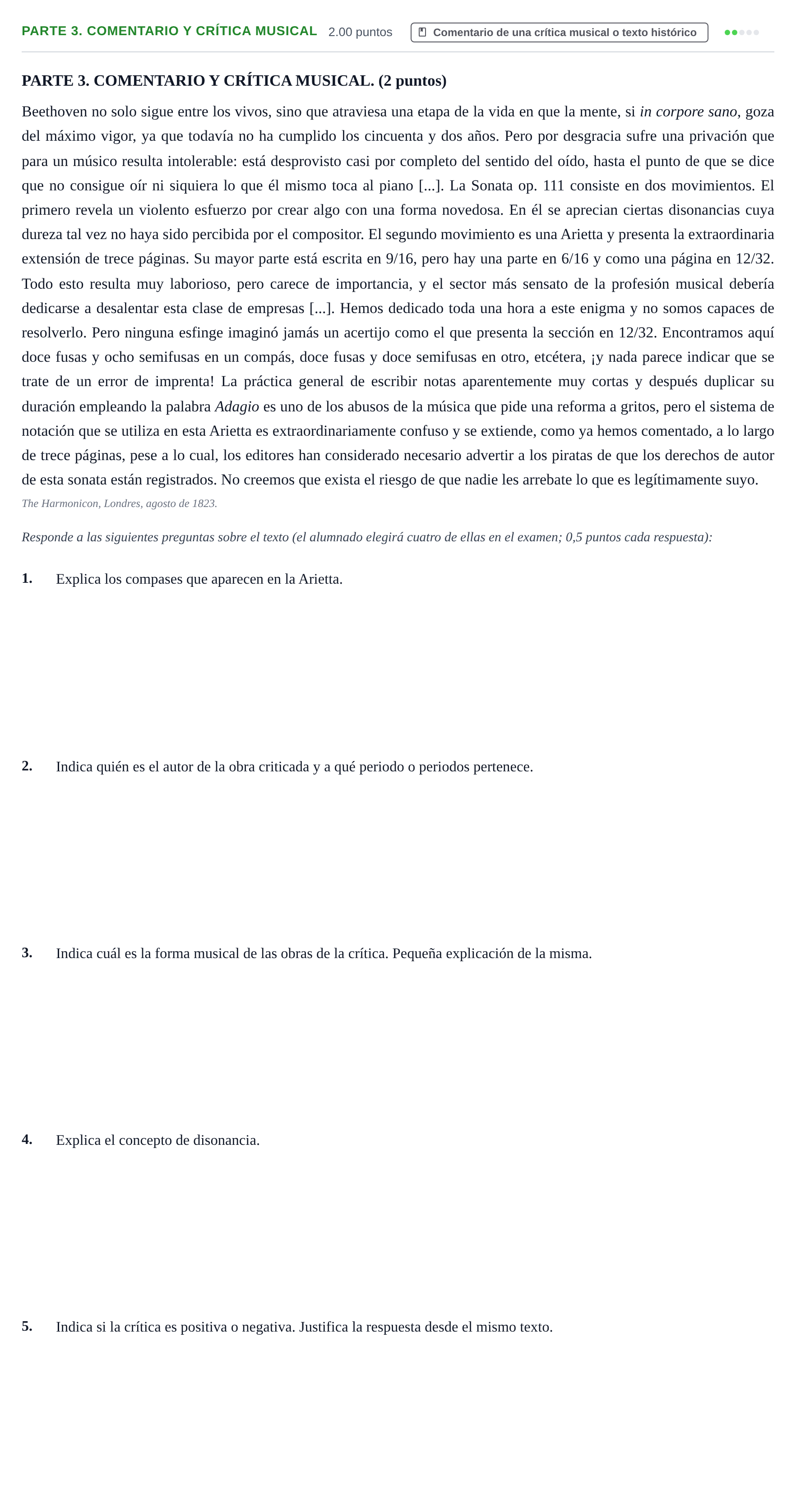 Enunciado: Ejercicio Parte 3. Comentario y crítica musical · Análisis Musical II PAU Castilla-La Mancha Extraordinaria 2026