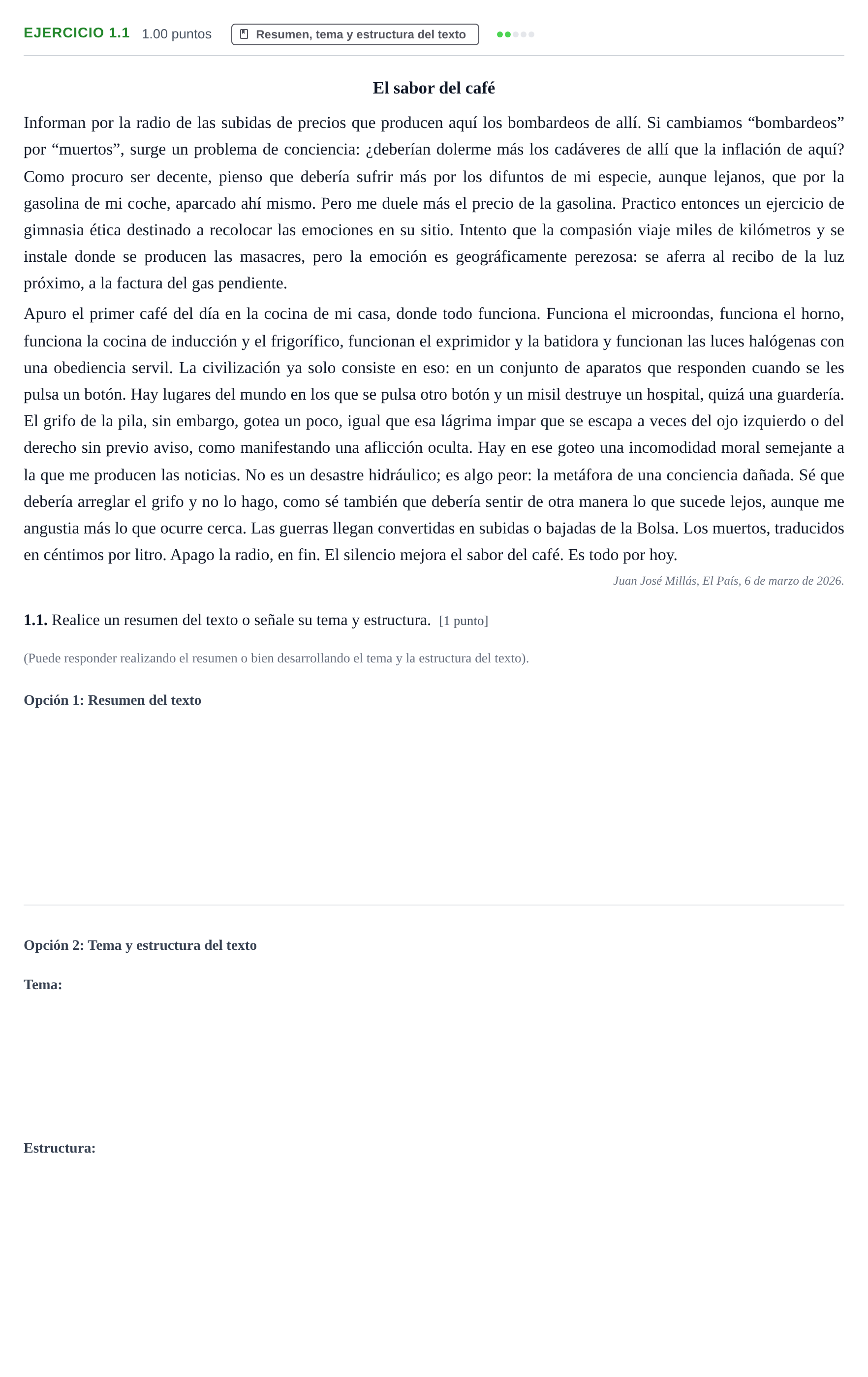 Enunciado: Ejercicio 1.1 · Lengua Castellana y Literatura II PAU Castilla-La Mancha Extraordinaria 2026