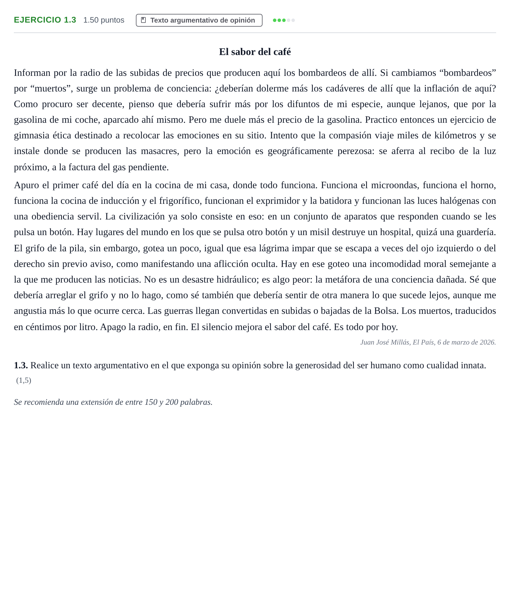 Enunciado: Ejercicio 1.3 · Lengua Castellana y Literatura II PAU Castilla-La Mancha Extraordinaria 2026