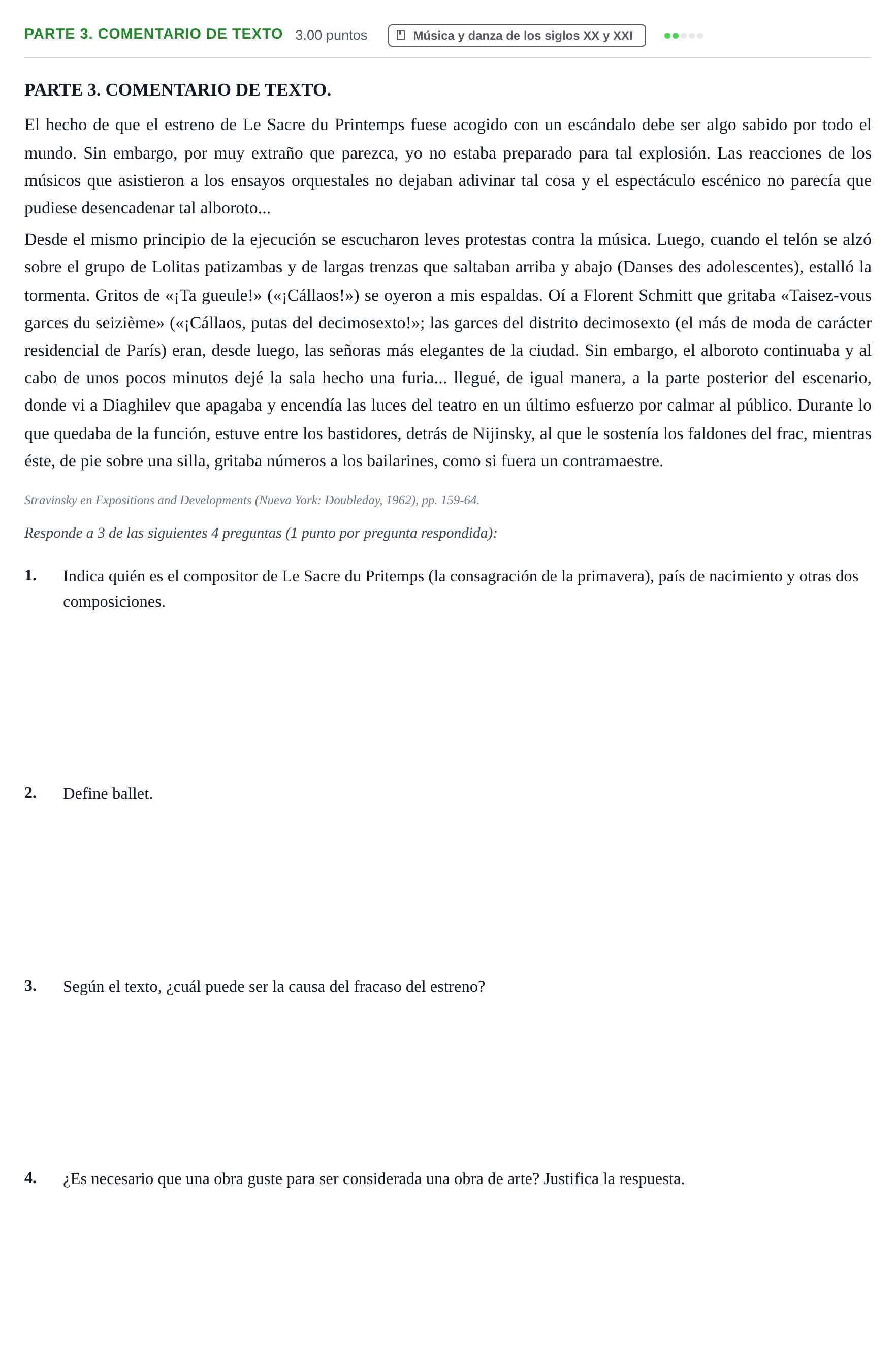 Enunciado: Ejercicio Parte 3. Comentario de texto · Historia de la Música y de la Danza PAU Castilla-La Mancha Extraordinaria 2026