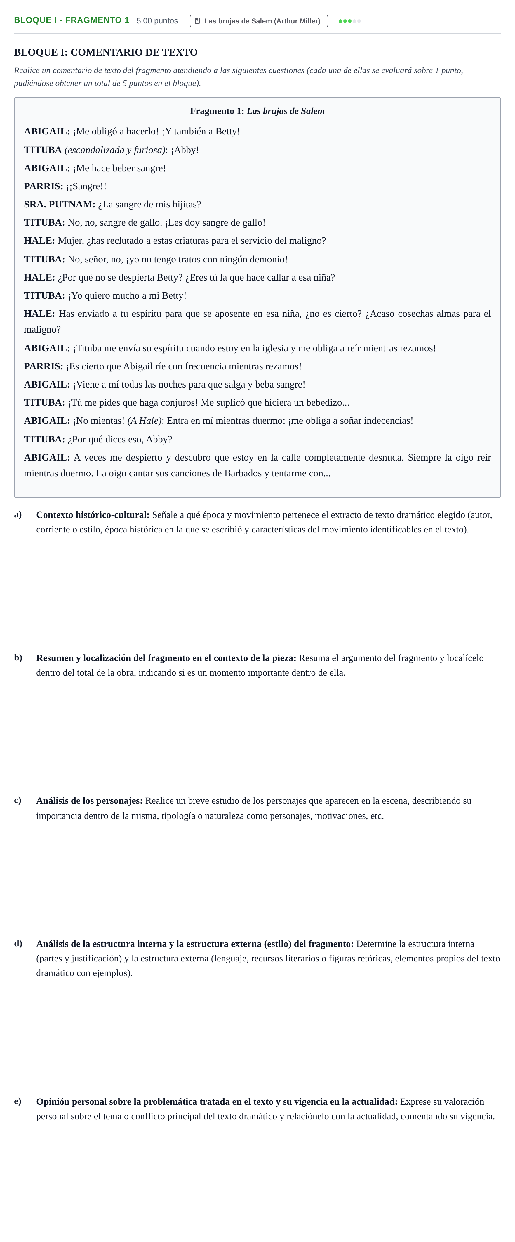Enunciado: Bloque I - Fragmento 1 · Literatura Dramática PAU Castilla-La Mancha Extraordinaria 2026