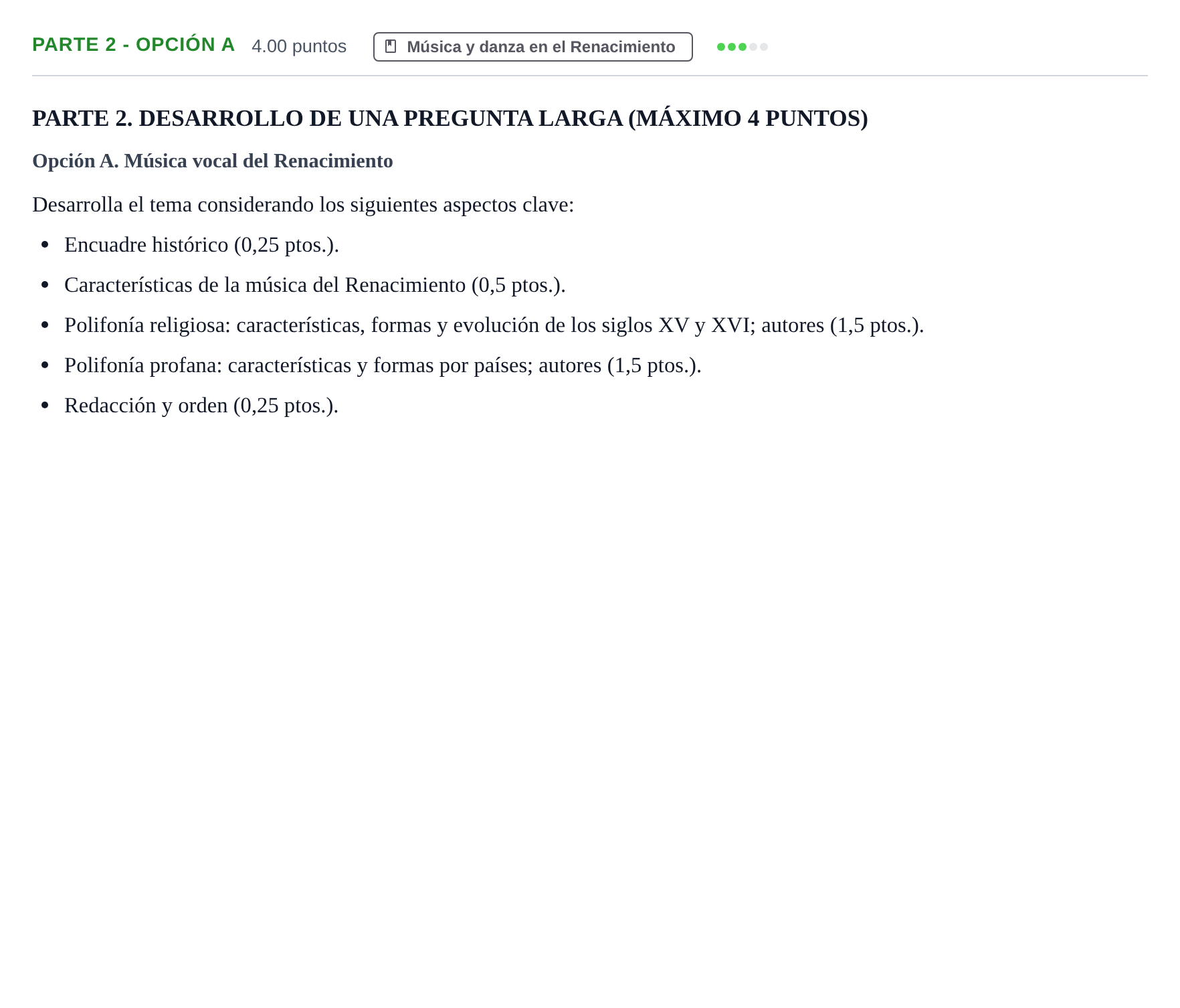 Enunciado: Ejercicio Parte 2 - Opción A · Historia de la Música y de la Danza PAU Castilla-La Mancha Ordinaria 2026