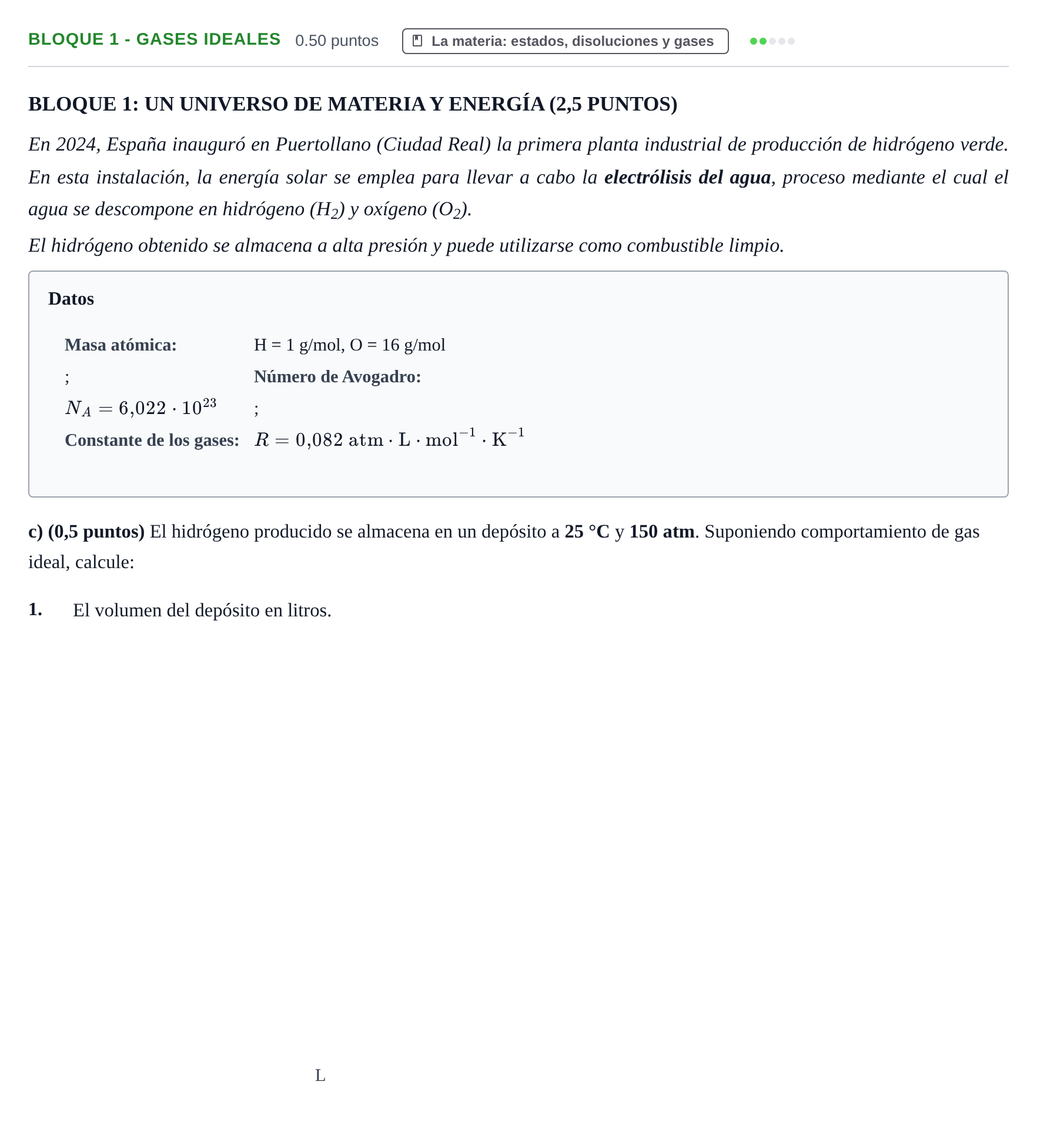 Enunciado: Bloque 1 - Gases ideales · Ciencias Generales PAU Castilla-La Mancha Ordinaria 2026