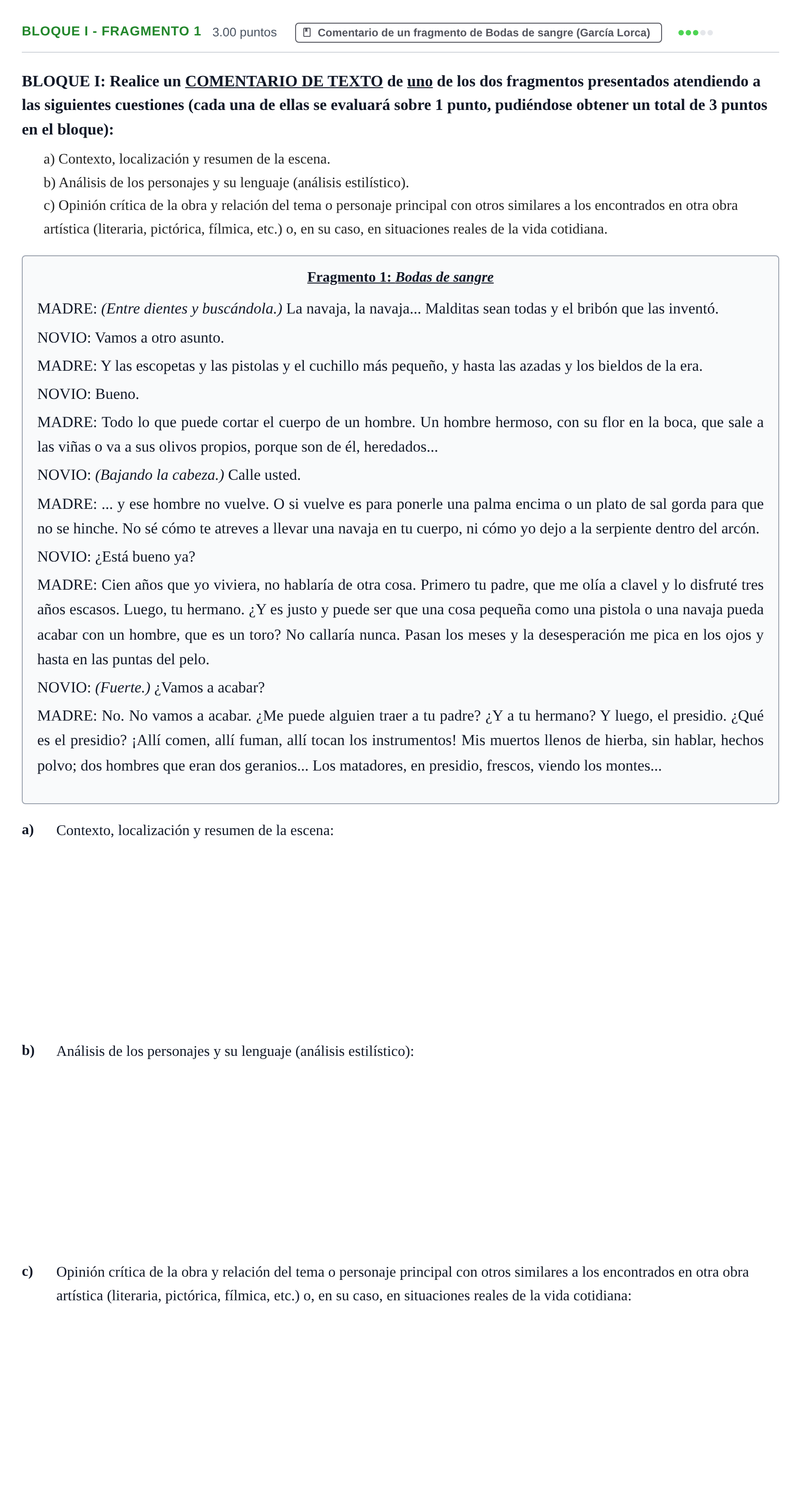 Enunciado: Bloque I - Fragmento 1 · Artes Escénicas PAU Castilla-La Mancha Extraordinaria 2025