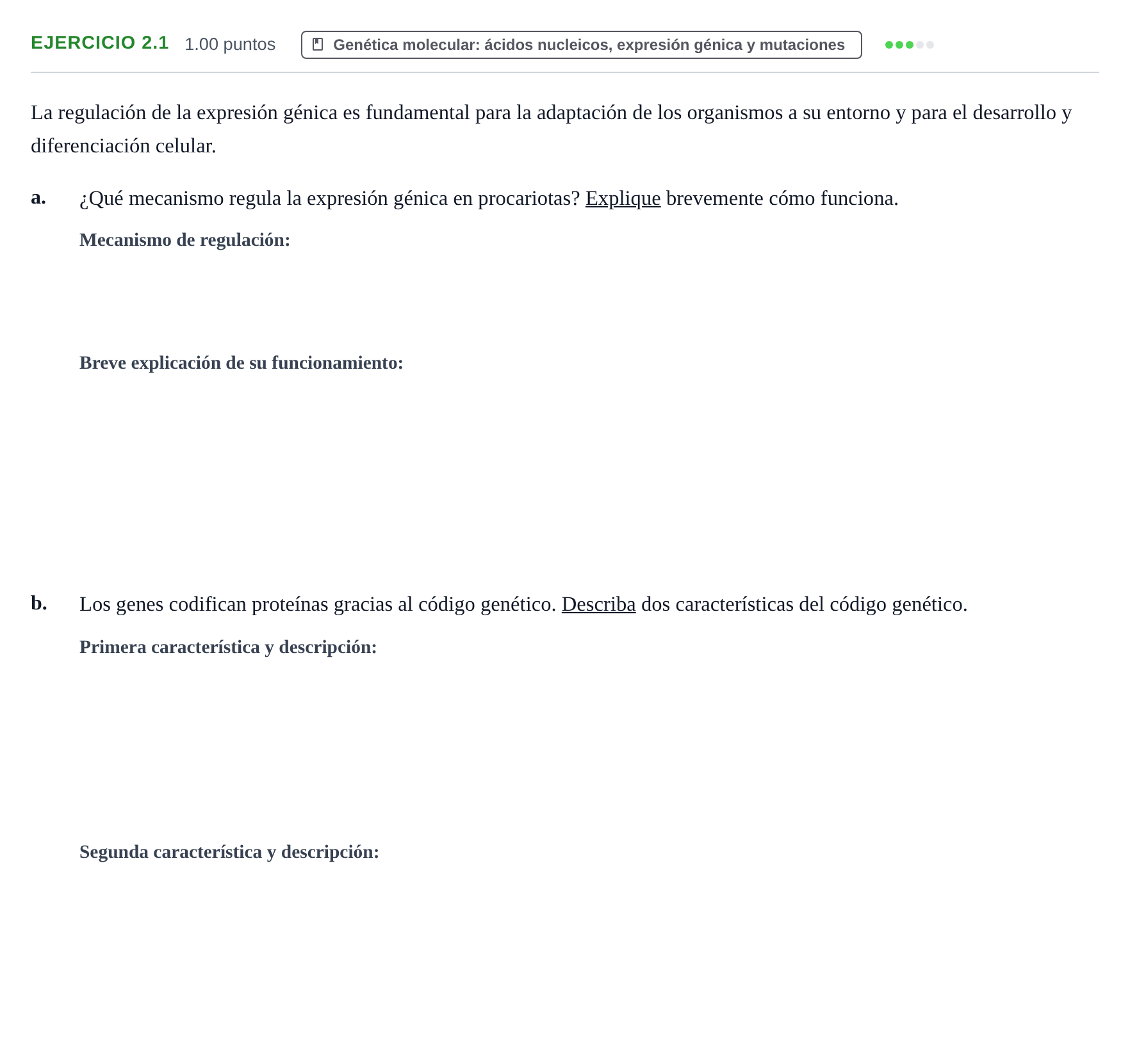 Enunciado: Ejercicio 2.1 - Genética molecular · Biología PAU Castilla-La Mancha Ordinaria 2025