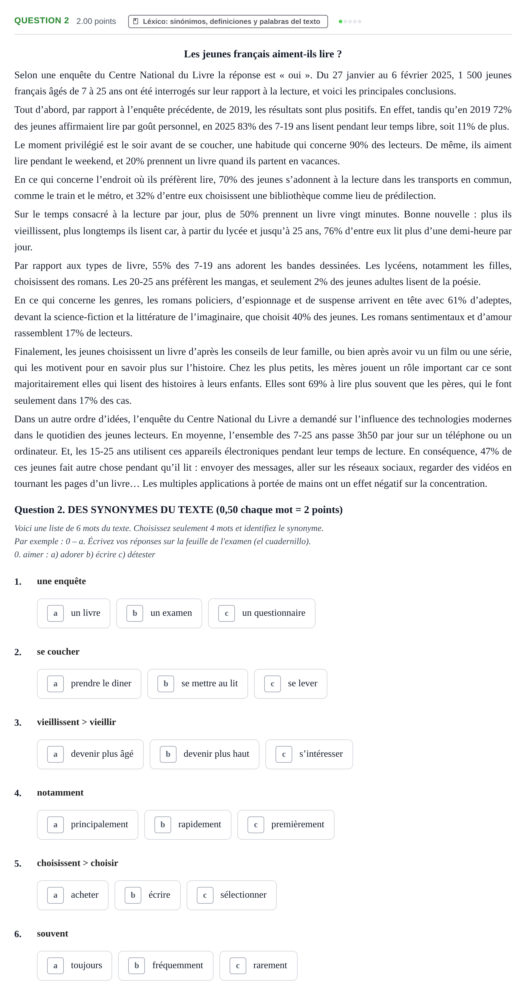 Enunciado: Question 2 · Francés PAU Castilla-La Mancha Extraordinaria 2025