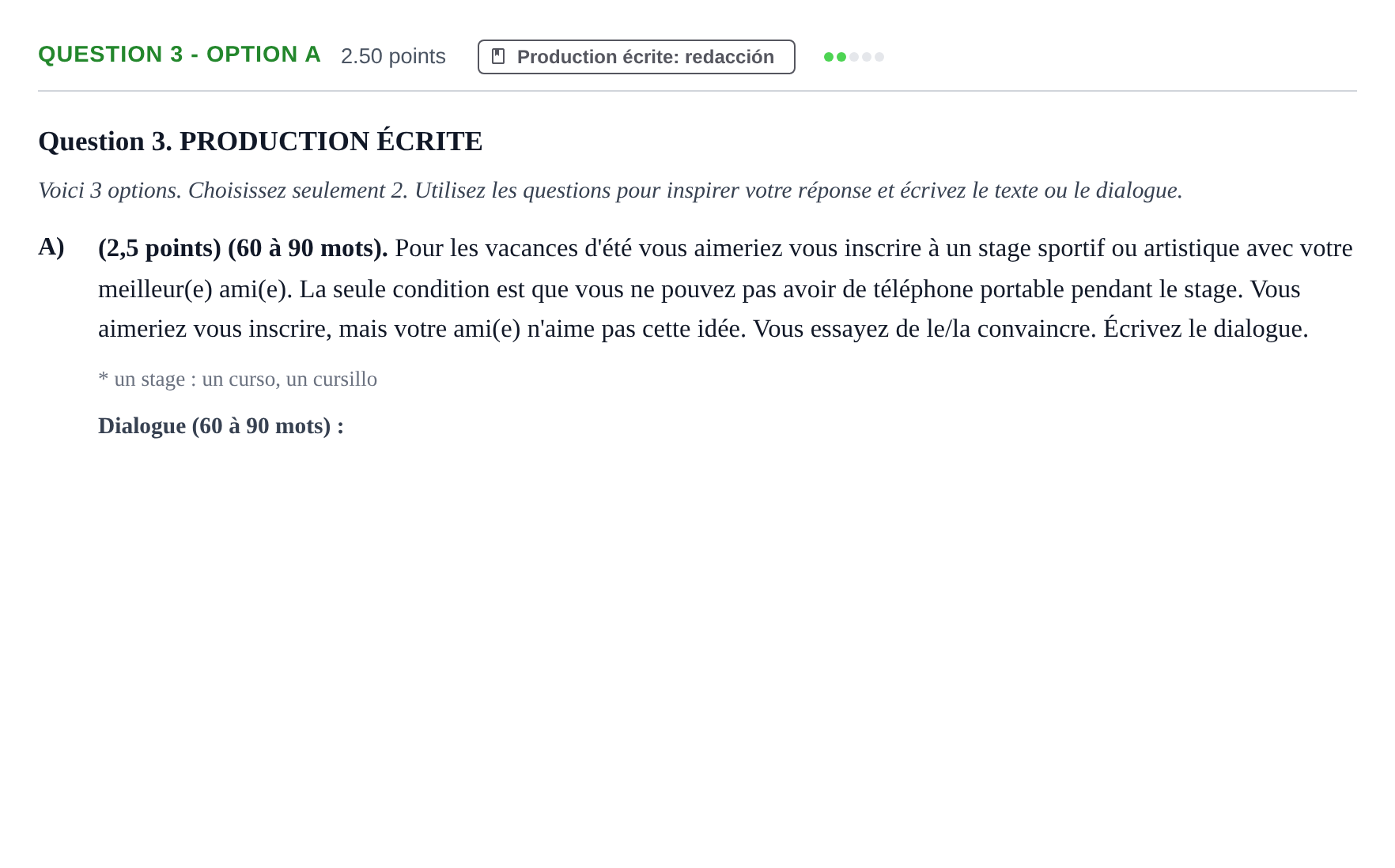 Enunciado: Question 3 - Option A · Francés PAU Castilla-La Mancha Ordinaria 2025