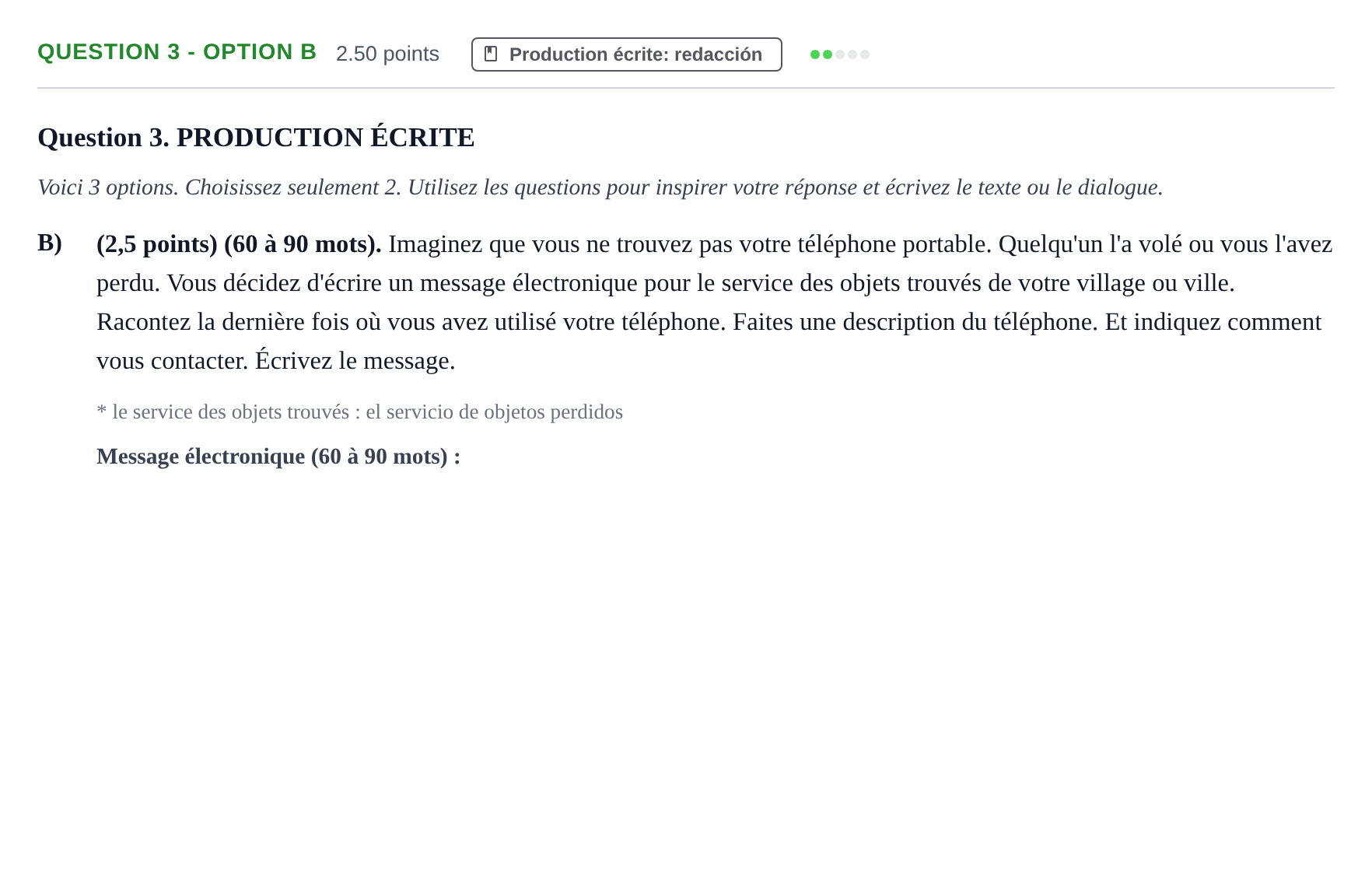 Enunciado: Question 3 - Option B · Francés PAU Castilla-La Mancha Ordinaria 2025
