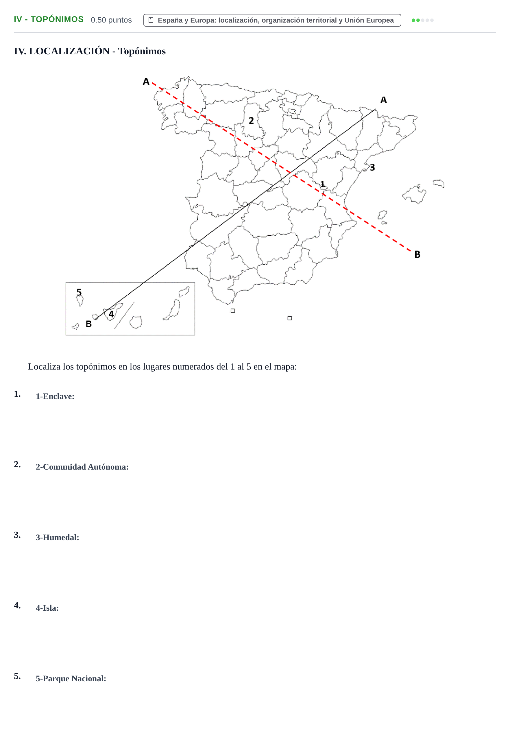 Enunciado: Ejercicio IV - Topónimos · Geografía PAU Castilla-La Mancha Extraordinaria 2025