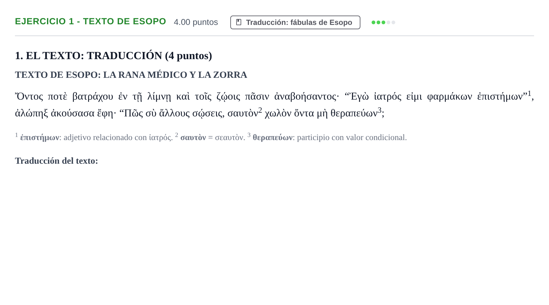 Enunciado: Ejercicio 1 - Texto de Esopo · Griego II PAU Castilla-La Mancha Ordinaria 2025
