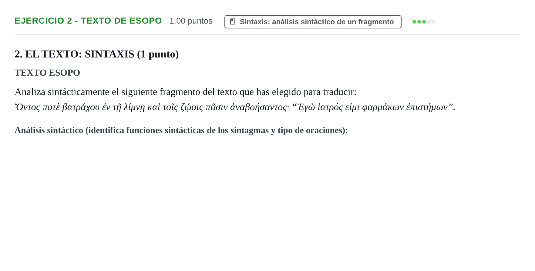 Enunciado: Ejercicio 2 - Texto de Esopo · Griego II PAU Castilla-La Mancha Ordinaria 2025
