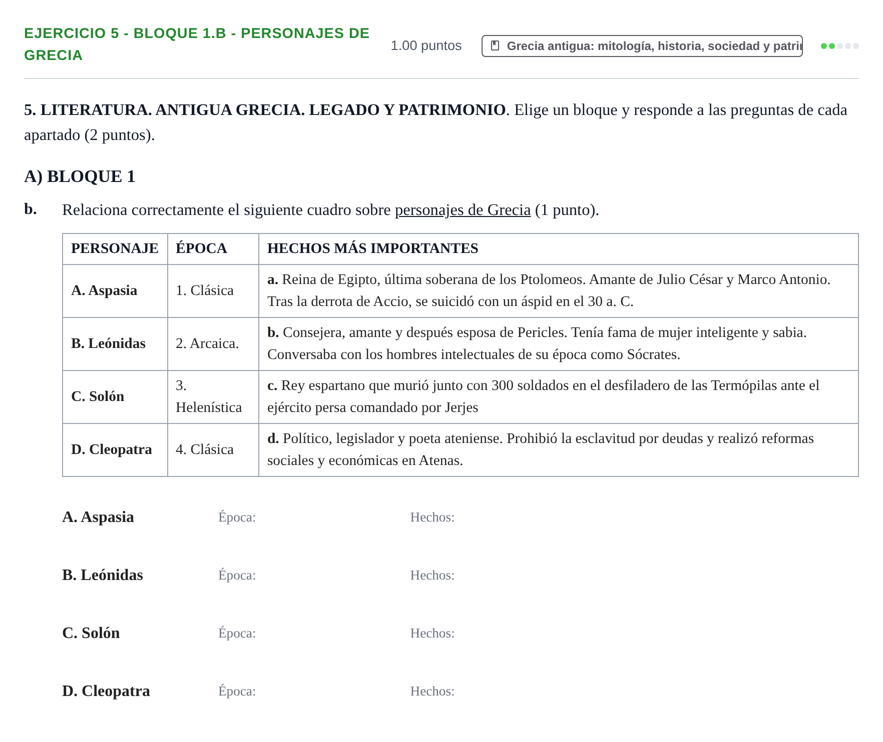 Enunciado: Ejercicio 5 - Bloque 1.b - Personajes de Grecia · Griego II PAU Castilla-La Mancha Ordinaria 2025