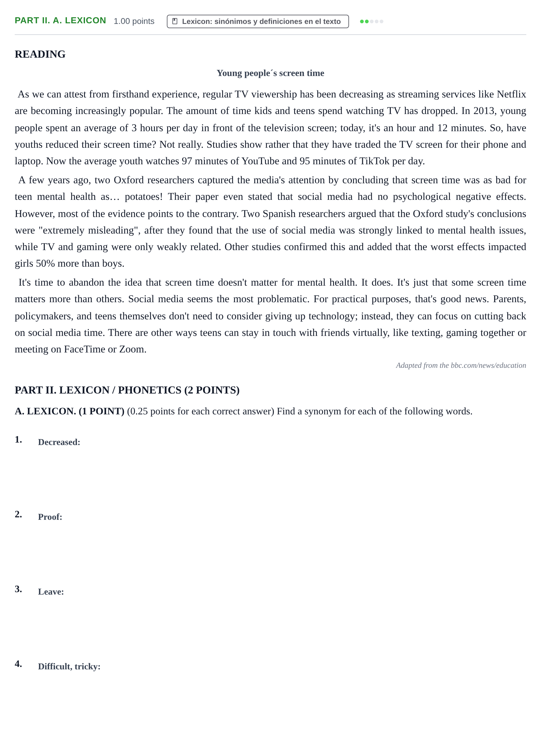 Enunciado: PART II. A. LEXICON · Inglés PAU Castilla-La Mancha Extraordinaria 2025