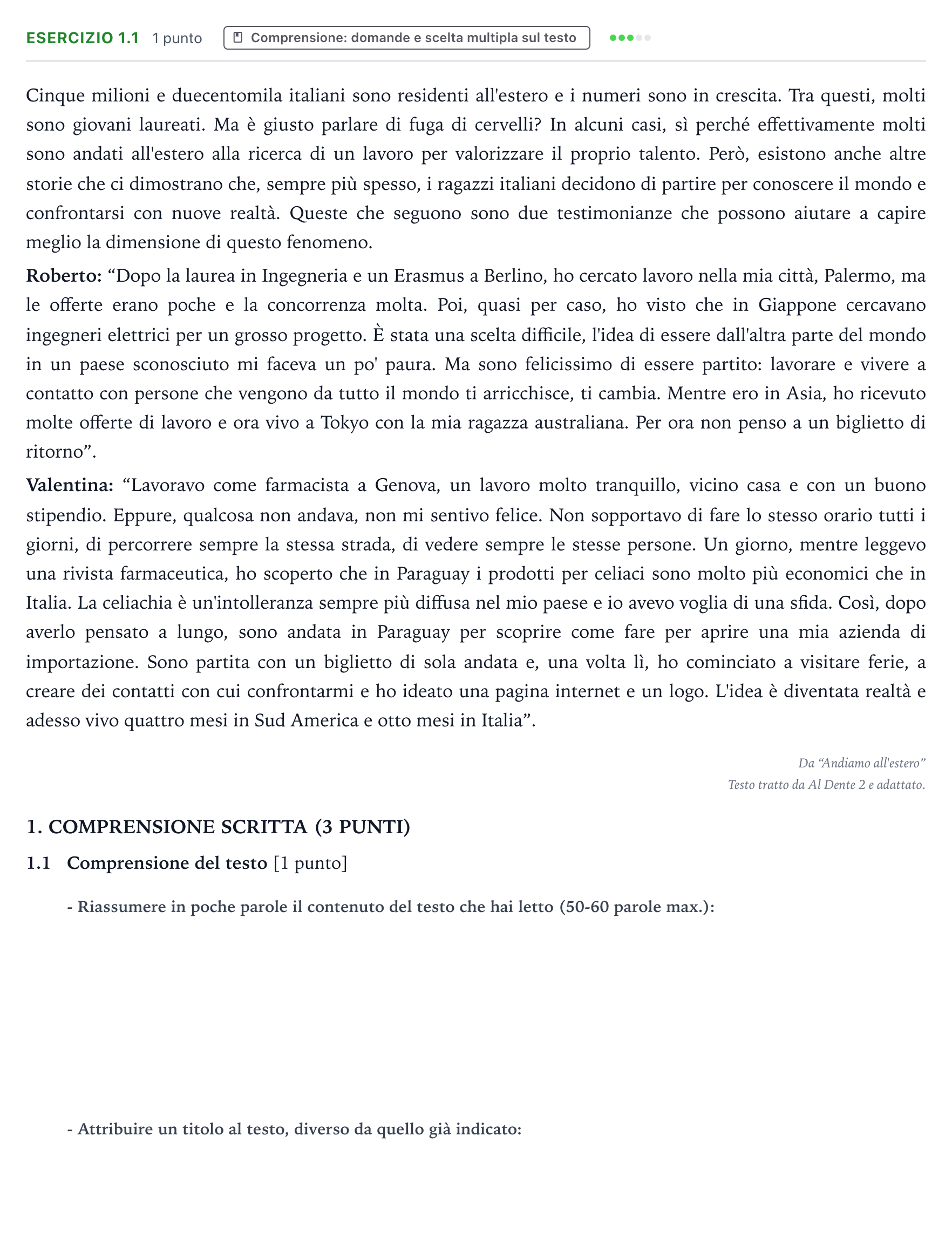 Enunciado: Ejercicio 1.1 · Italiano PAU Castilla-La Mancha Extraordinaria 2025