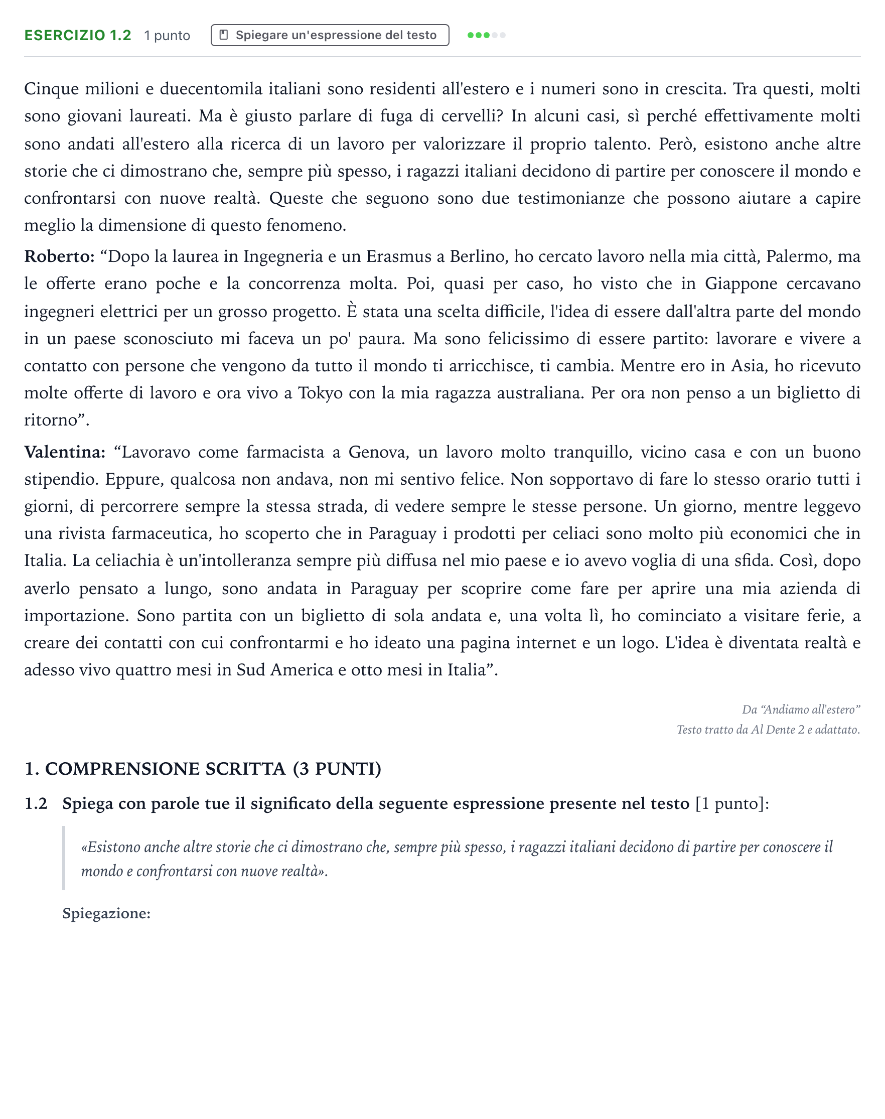 Enunciado: Ejercicio 1.2 · Italiano PAU Castilla-La Mancha Extraordinaria 2025