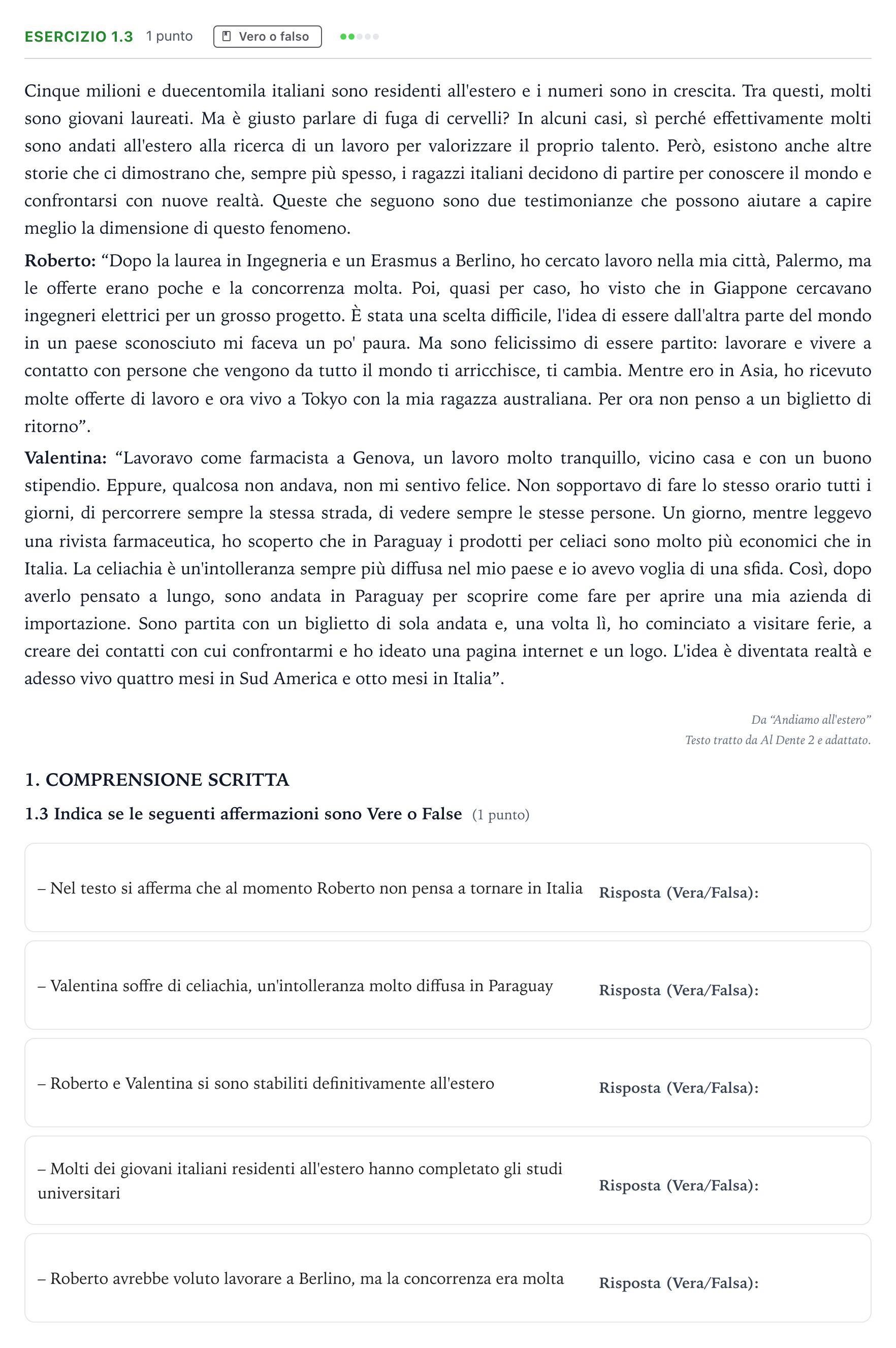 Enunciado: Ejercicio 1.3 · Italiano PAU Castilla-La Mancha Extraordinaria 2025