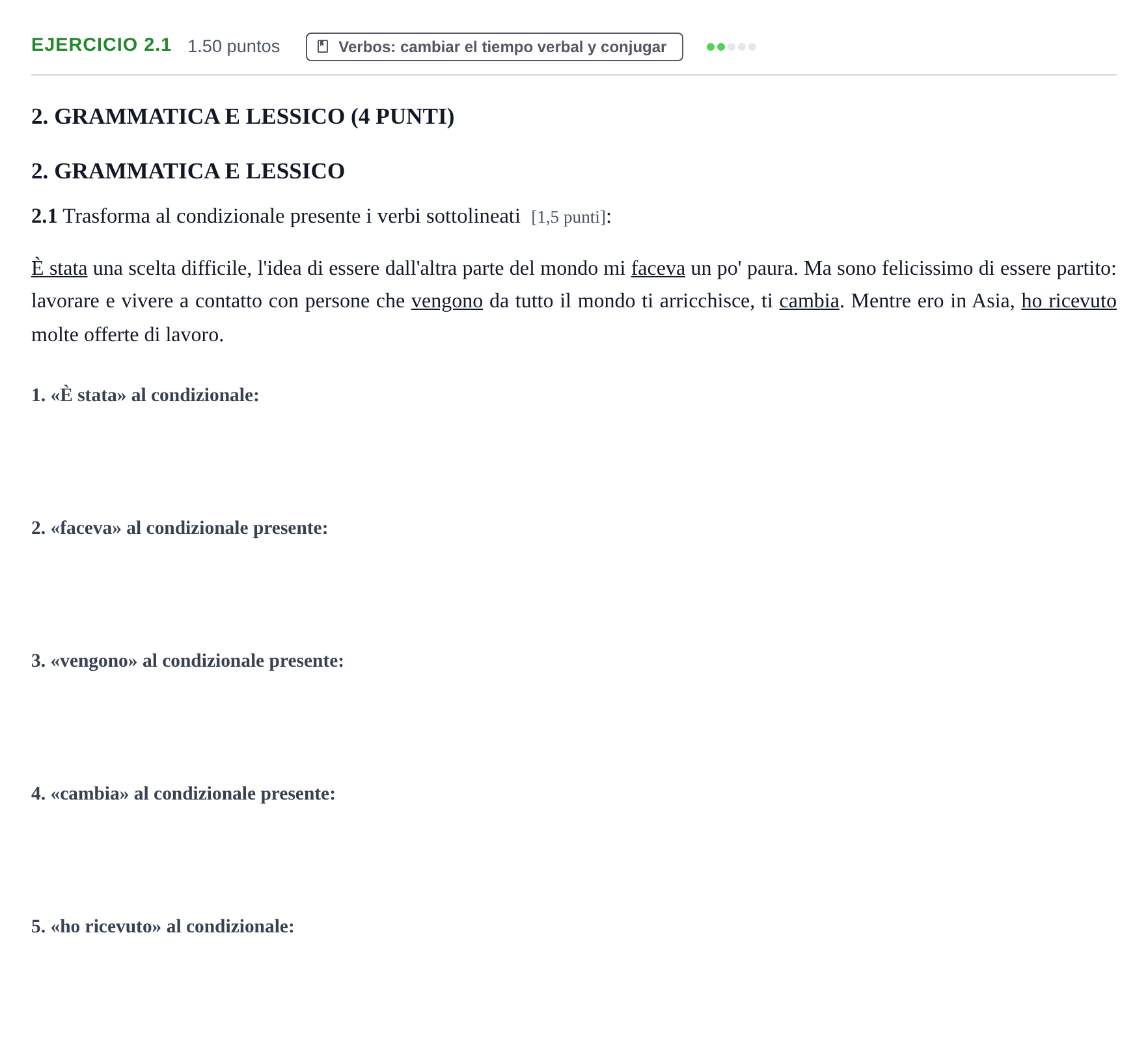 Enunciado: Ejercicio 2.1 · Italiano PAU Castilla-La Mancha Extraordinaria 2025