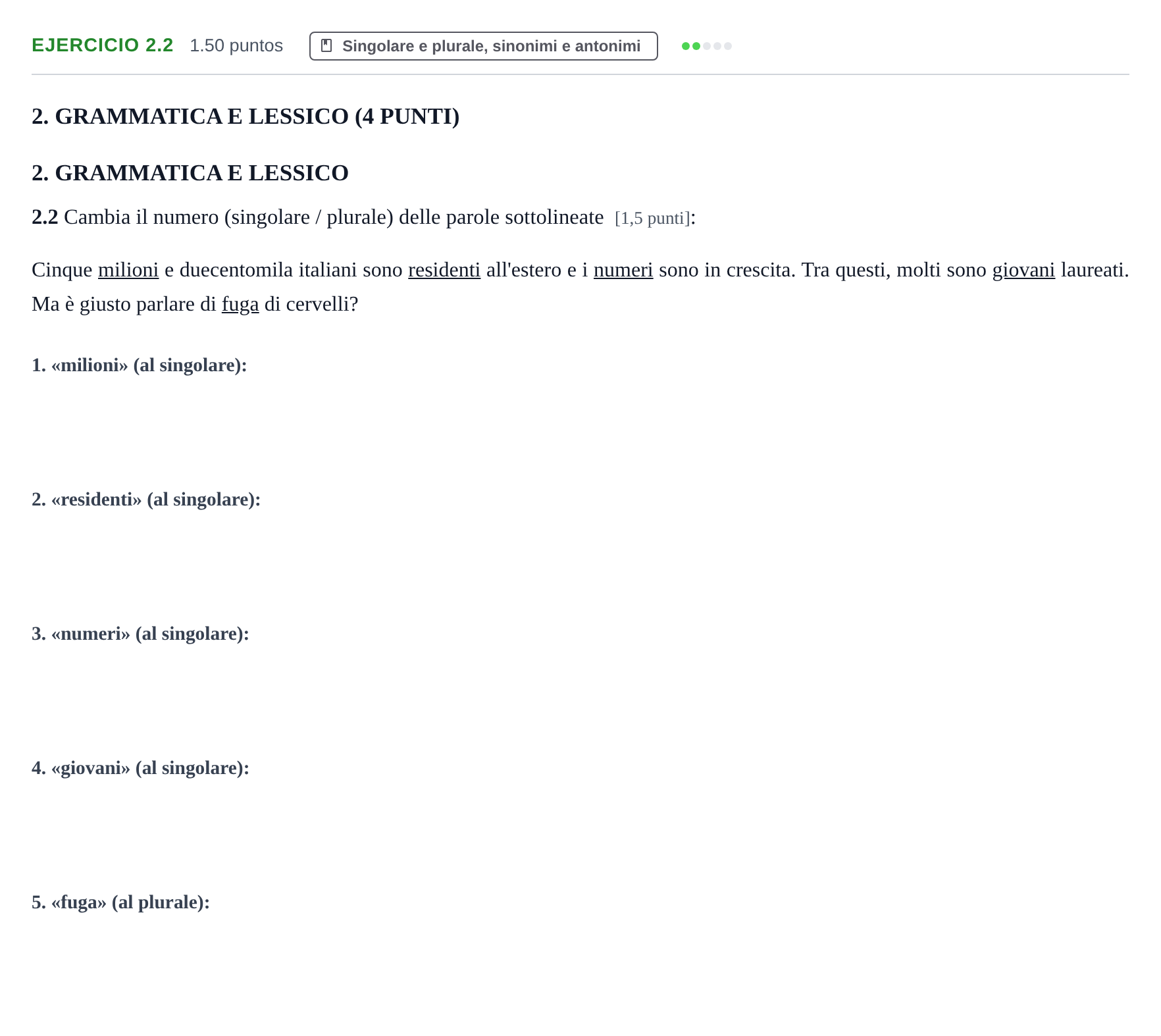 Enunciado: Ejercicio 2.2 · Italiano PAU Castilla-La Mancha Extraordinaria 2025