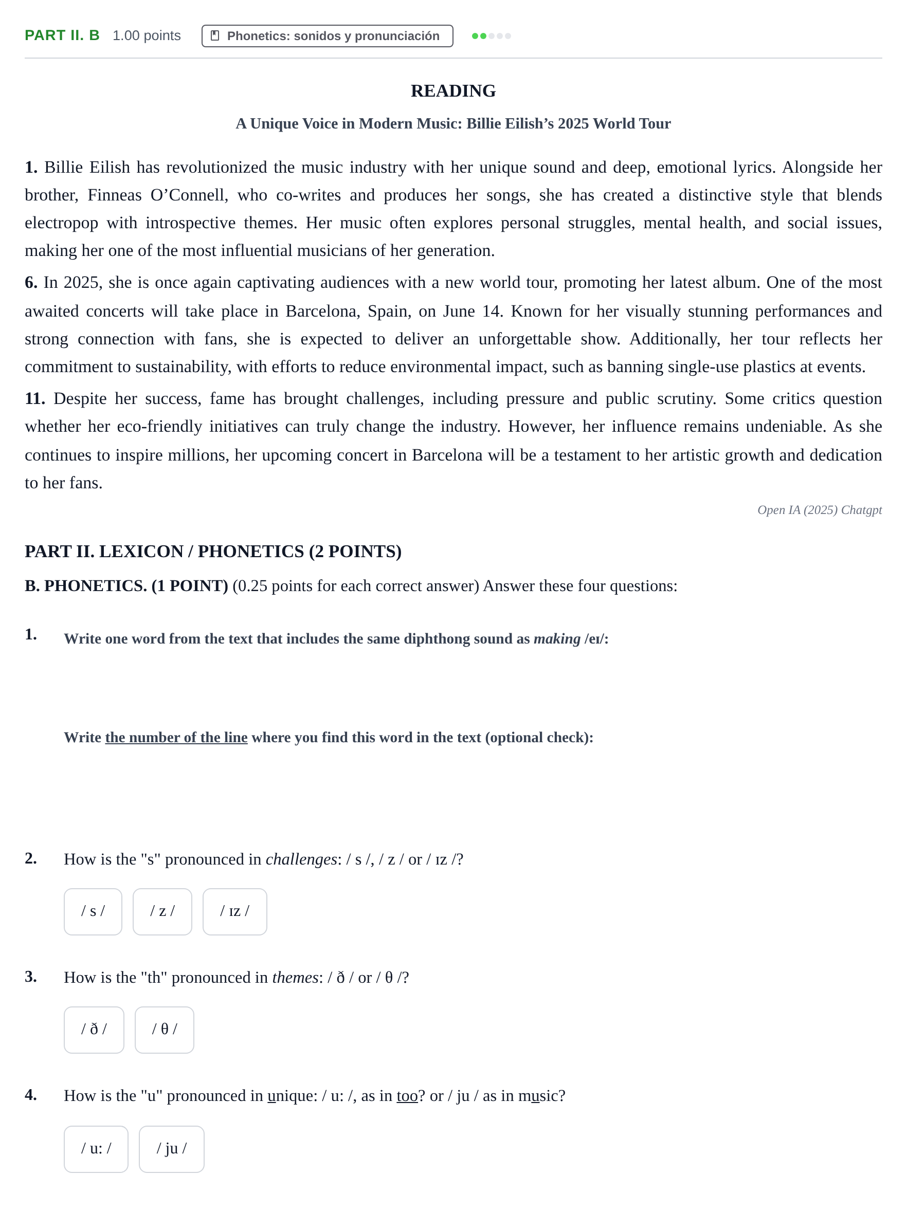 Enunciado: Part II. B - Phonetics · Inglés PAU Castilla-La Mancha Ordinaria 2025