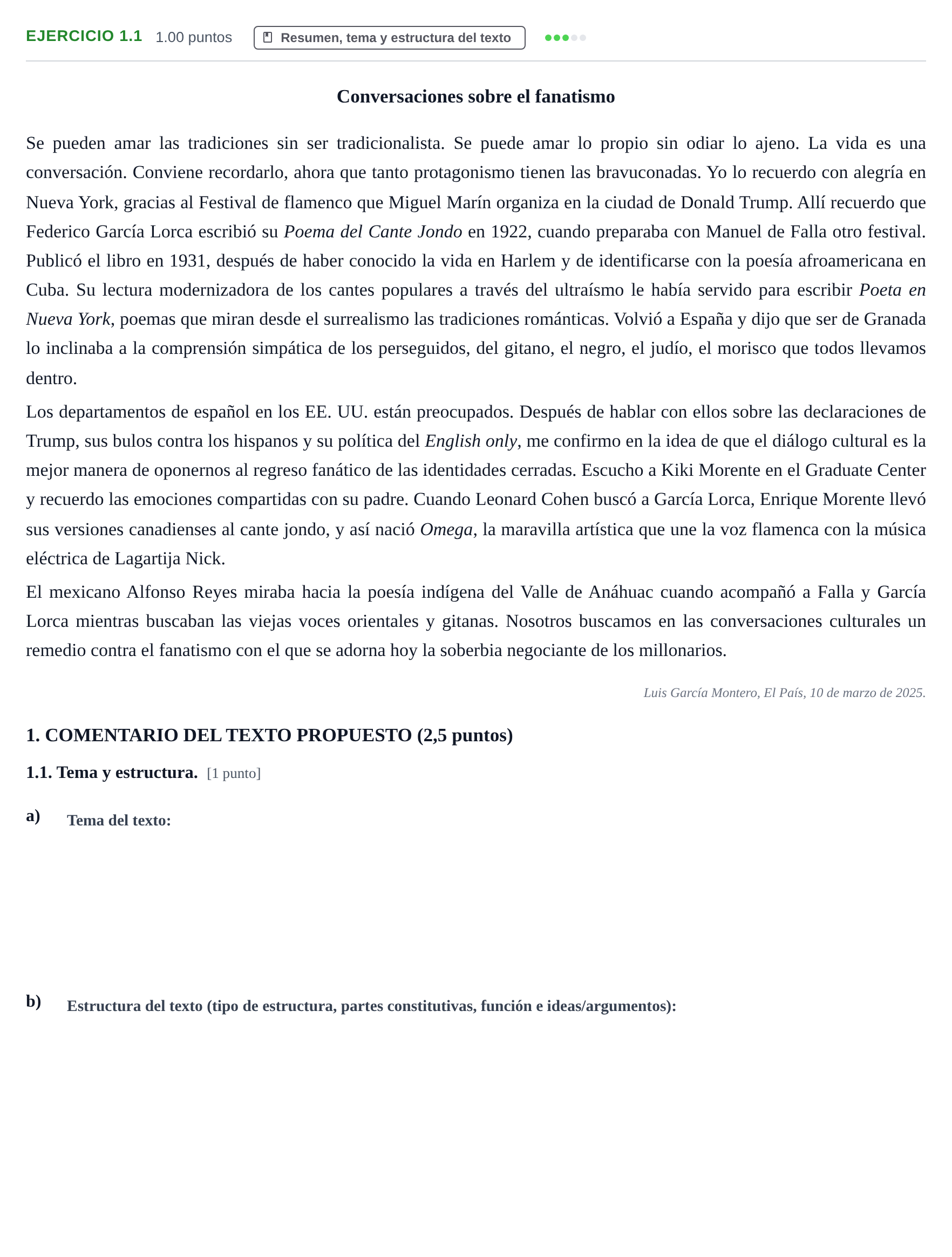 Enunciado: Ejercicio 1.1 · Lengua Castellana y Literatura II PAU Castilla-La Mancha Extraordinaria 2025