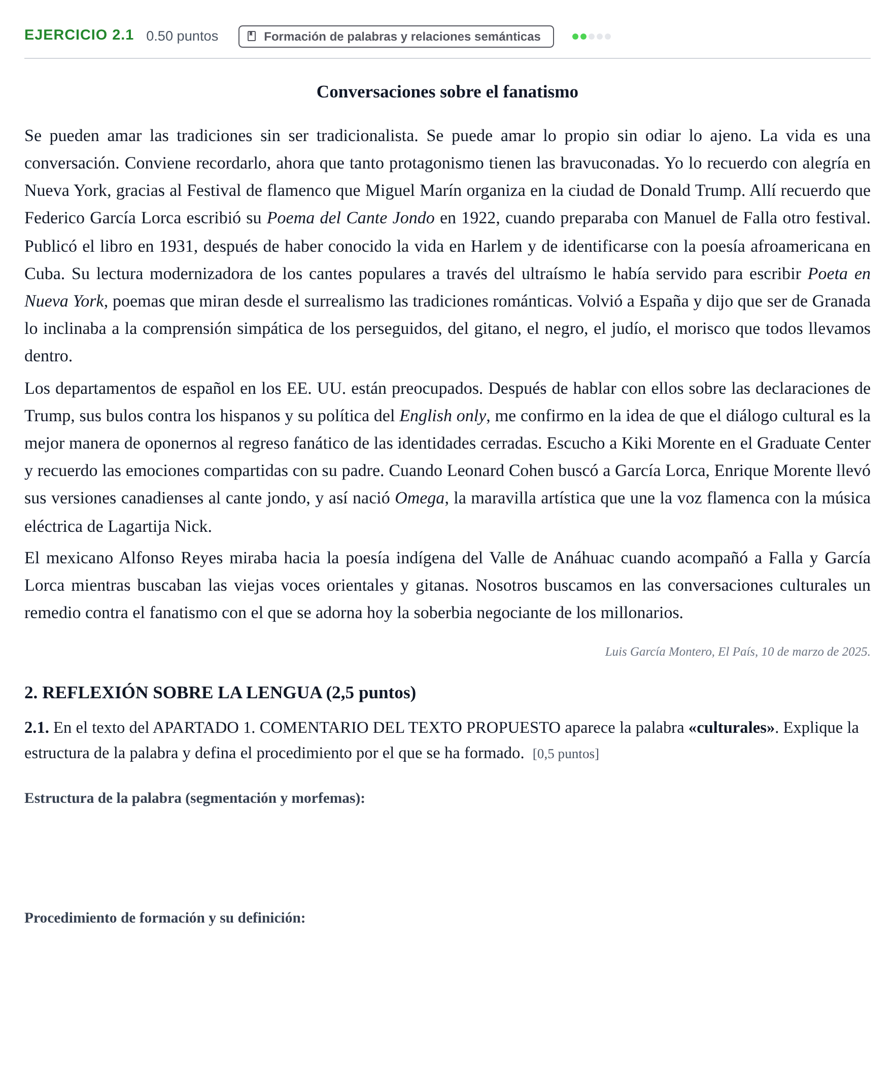Enunciado: Ejercicio 2.1 · Lengua Castellana y Literatura II PAU Castilla-La Mancha Extraordinaria 2025