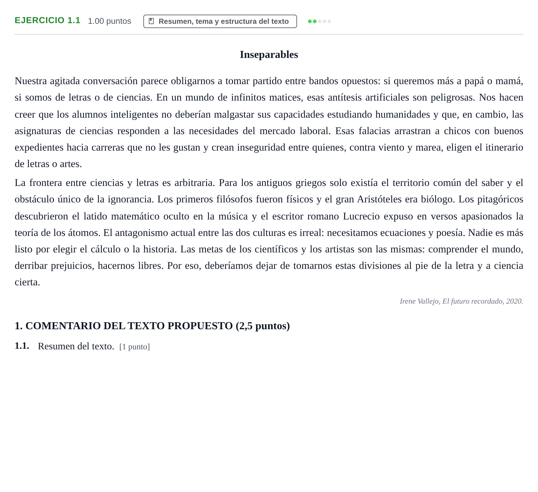 Enunciado: Ejercicio 1.1 · Lengua Castellana y Literatura II PAU Castilla-La Mancha Ordinaria 2025