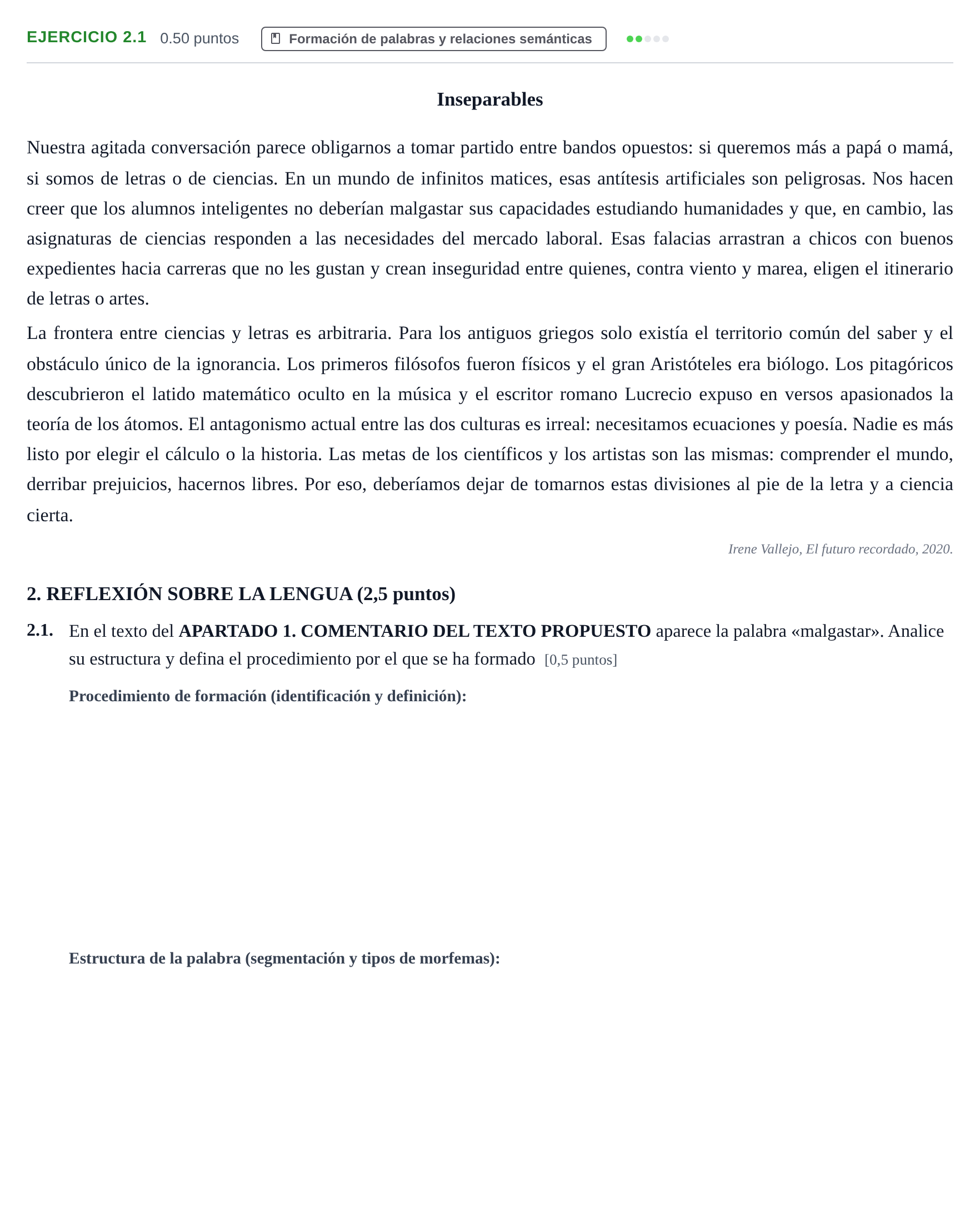 Enunciado: Ejercicio 2.1 · Lengua Castellana y Literatura II PAU Castilla-La Mancha Ordinaria 2025