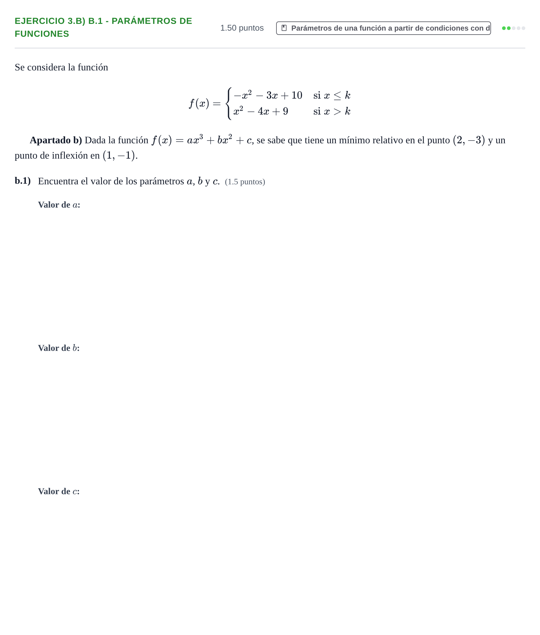 Enunciado: Ejercicio 3.b) b.1 - Parámetros de funciones · Matemáticas aplicadas a las Ciencias Sociales II PAU Castilla-La Mancha Ordinaria 2025