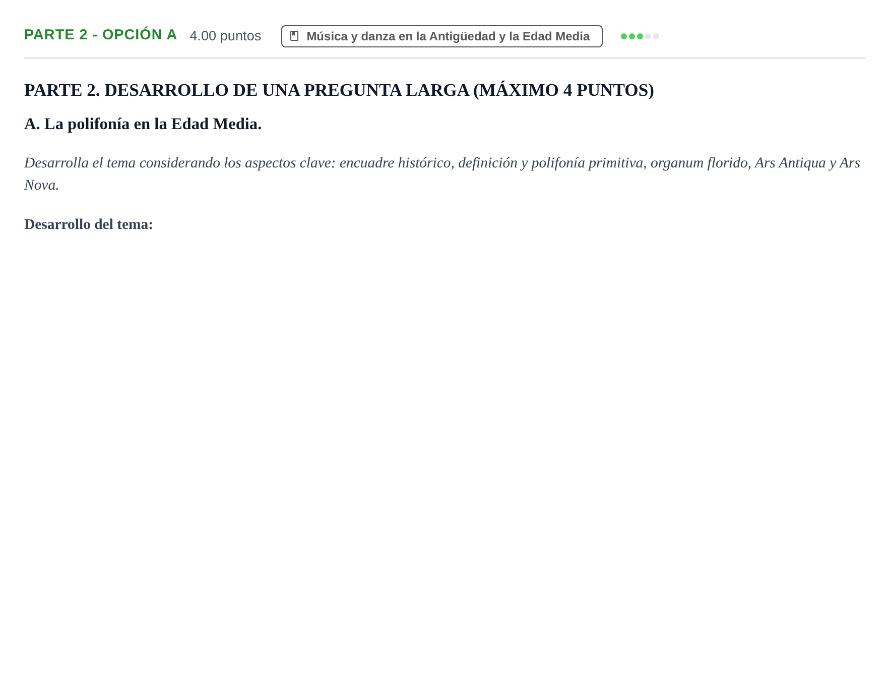 Enunciado: Ejercicio Parte 2 - Opción A · Historia de la Música y de la Danza PAU Castilla-La Mancha Ordinaria 2025
