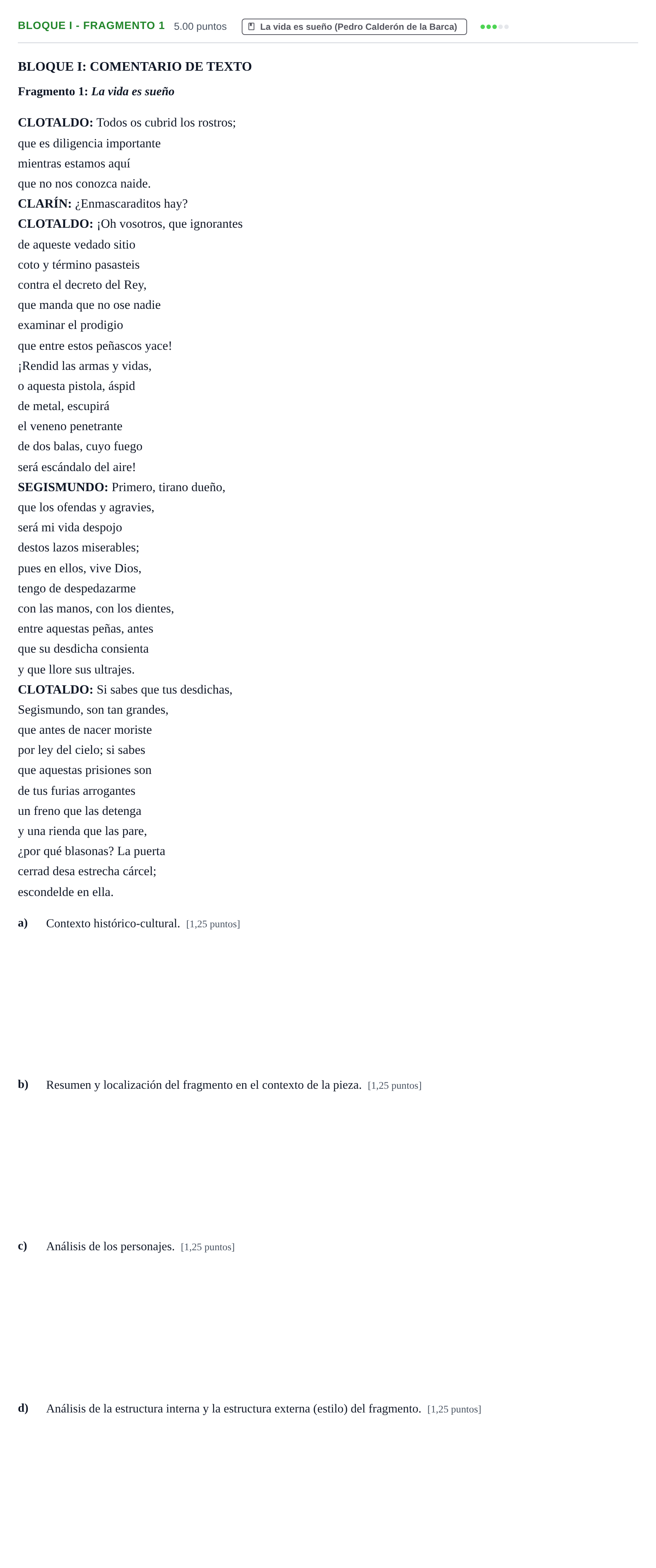 Enunciado: Bloque I - Fragmento 1 · Literatura Dramática PAU Castilla-La Mancha Ordinaria 2025