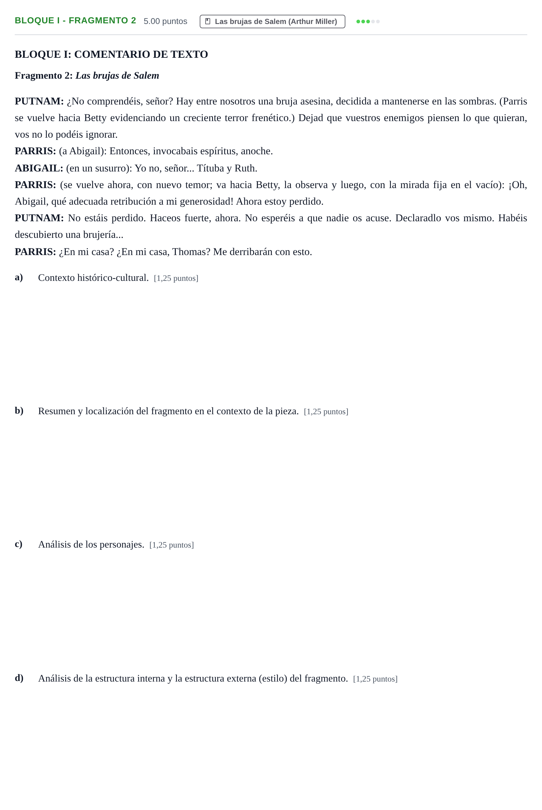 Enunciado: Bloque I - Fragmento 2 · Literatura Dramática PAU Castilla-La Mancha Ordinaria 2025