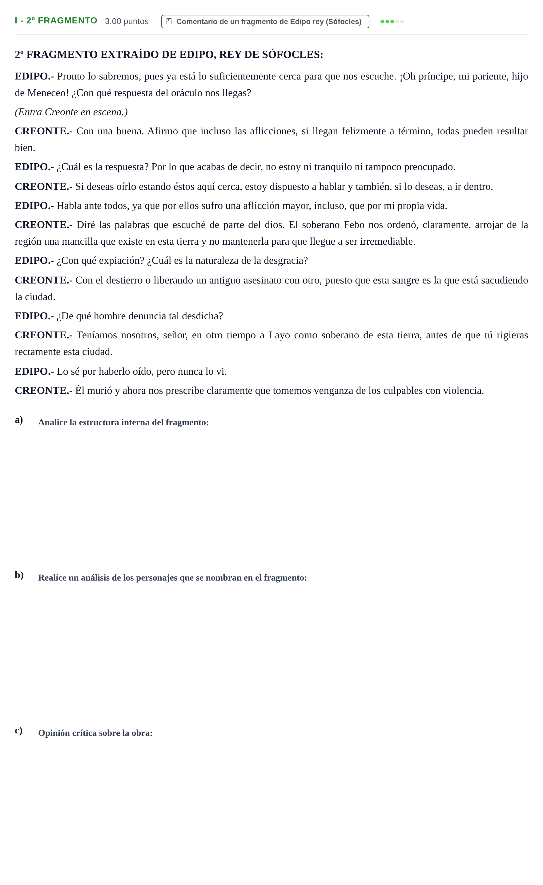 Enunciado: Ejercicio I - 2º Fragmento · Artes Escénicas PAU Castilla-La Mancha Extraordinaria 2024