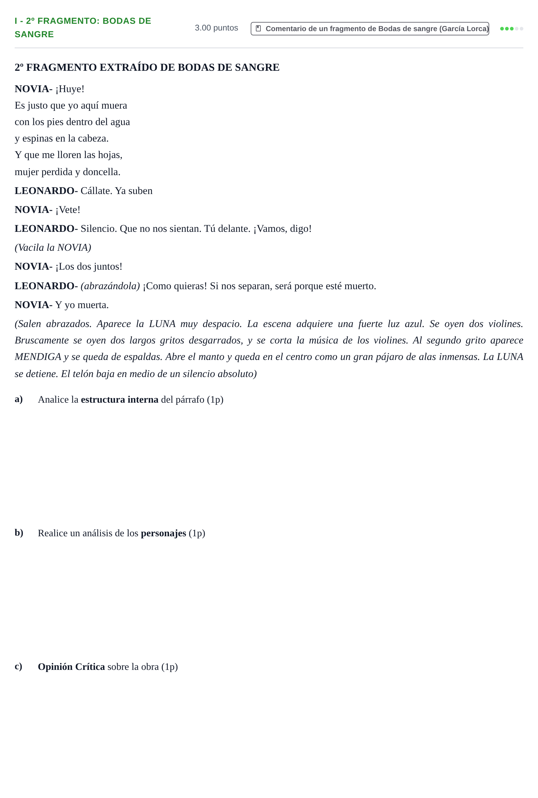 Enunciado: Ejercicio I - 2º Fragmento: Bodas de sangre · Artes Escénicas PAU Castilla-La Mancha Ordinaria 2024