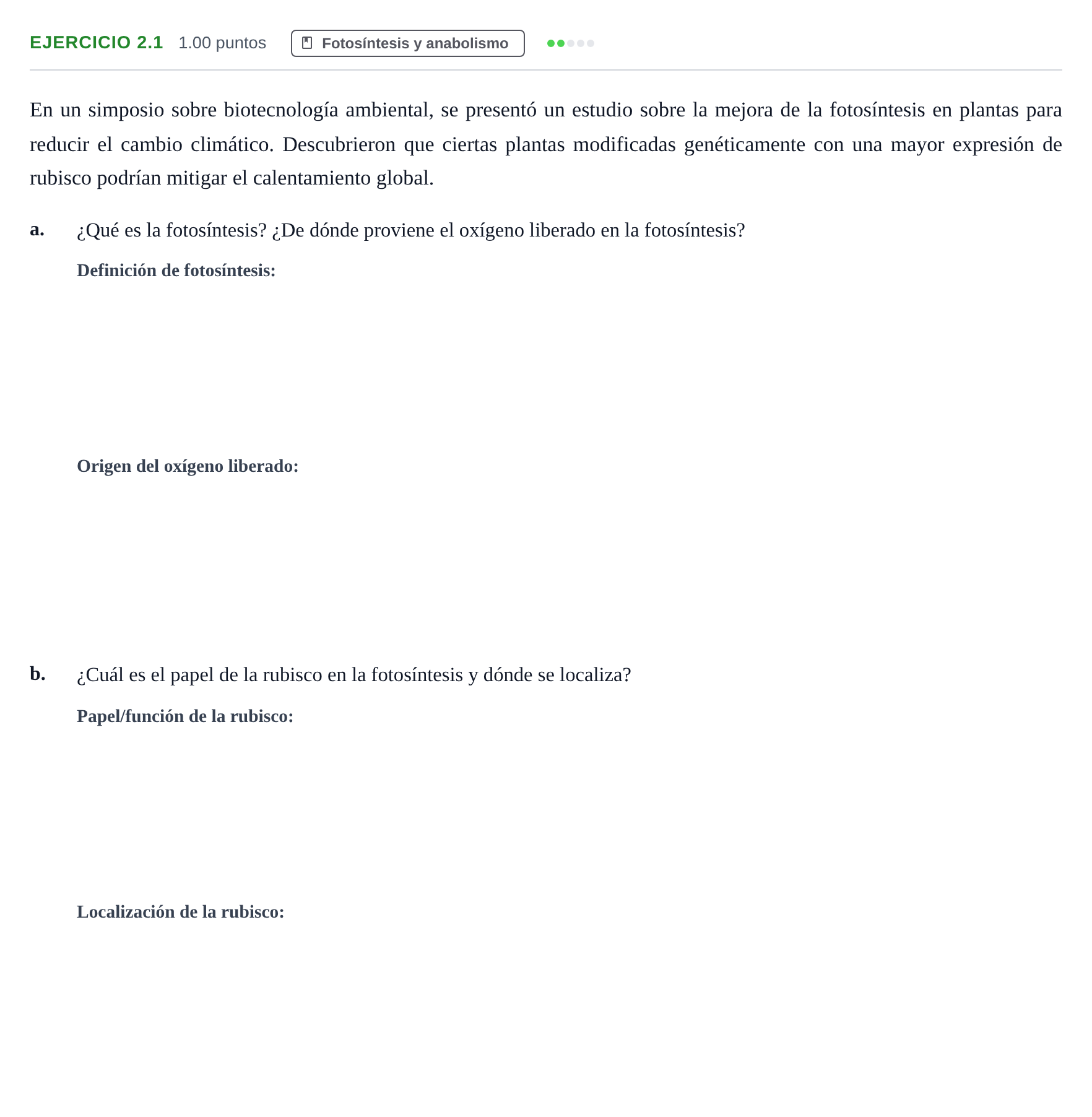 Enunciado: Ejercicio 2.1 - Fotosíntesis y anabolismo · Biología PAU Castilla-La Mancha Extraordinaria 2024