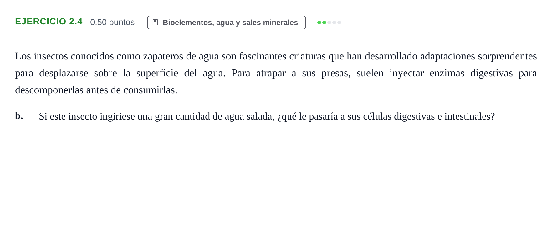 Enunciado: Ejercicio 2.4 - Bioelementos, agua y sales minerales · Biología PAU Castilla-La Mancha Extraordinaria 2024