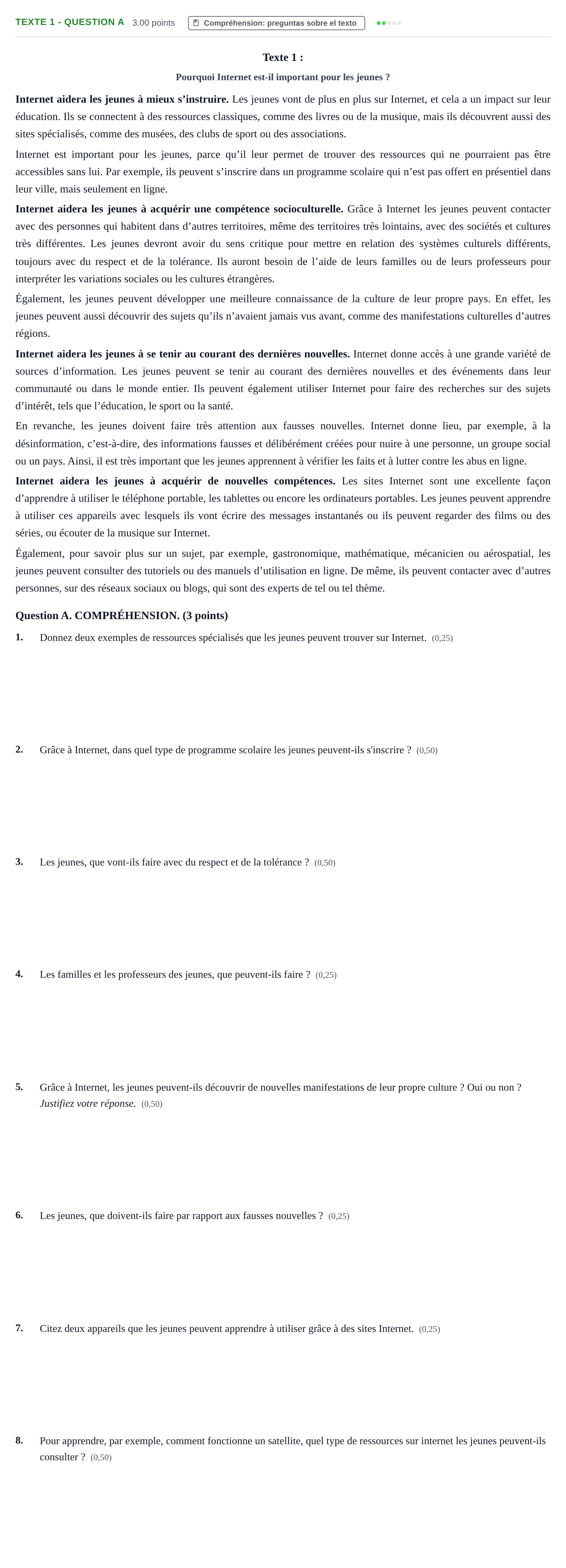 Enunciado: Ejercicio Texte 1 - Question A · Francés PAU Castilla-La Mancha Extraordinaria 2024