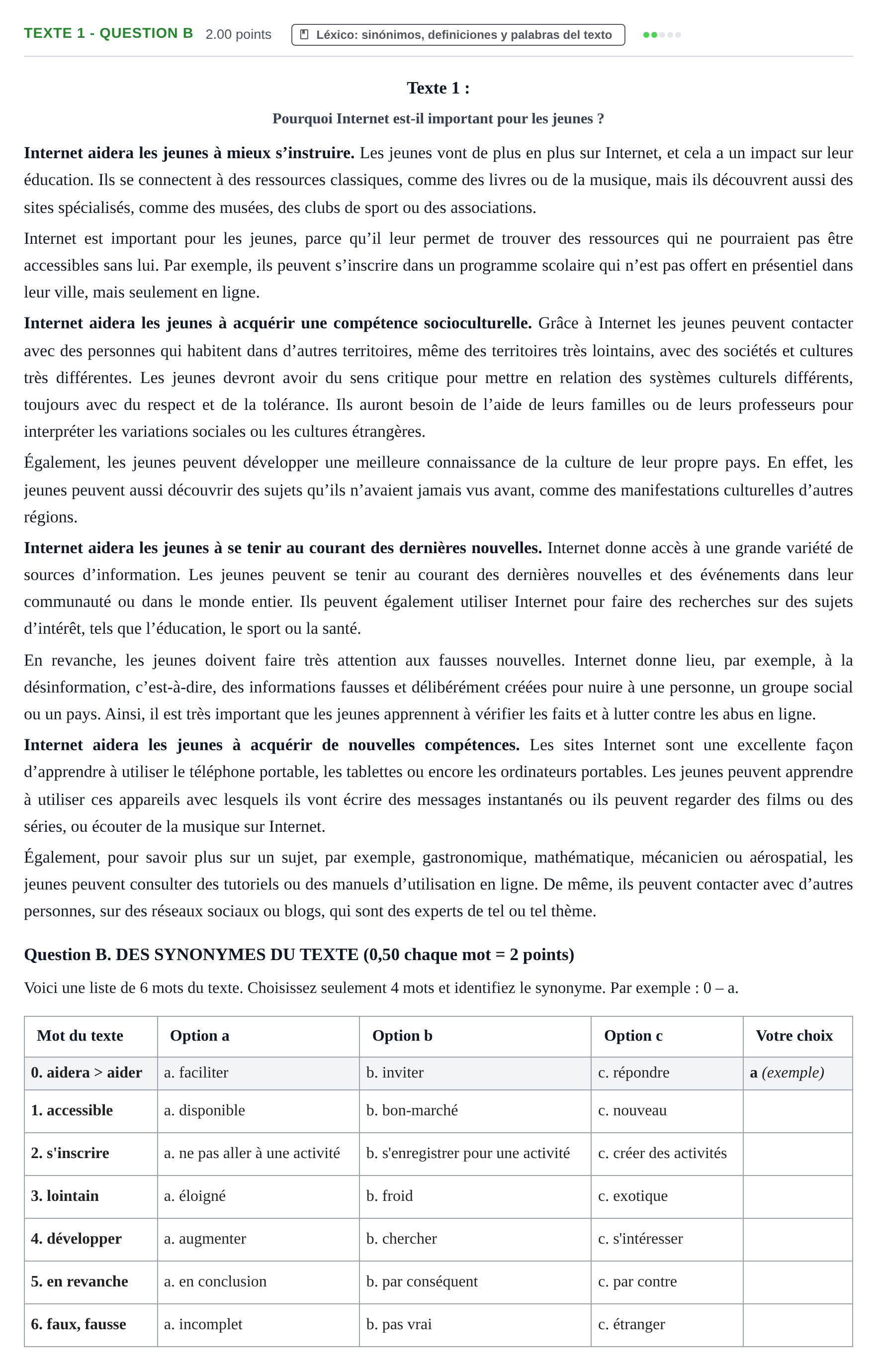 Enunciado: Ejercicio Texte 1 - Question B · Francés PAU Castilla-La Mancha Extraordinaria 2024
