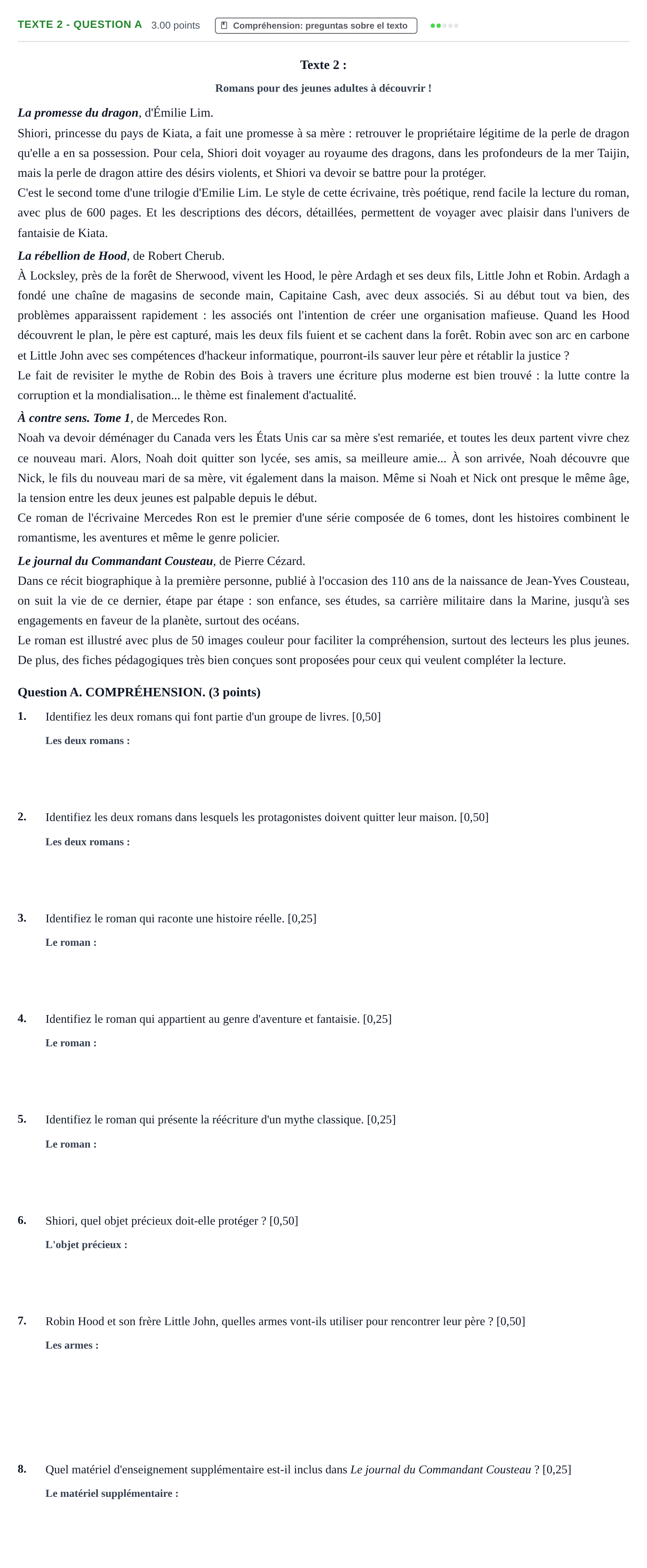 Enunciado: Ejercicio Texte 2 - Question A · Francés PAU Castilla-La Mancha Extraordinaria 2024