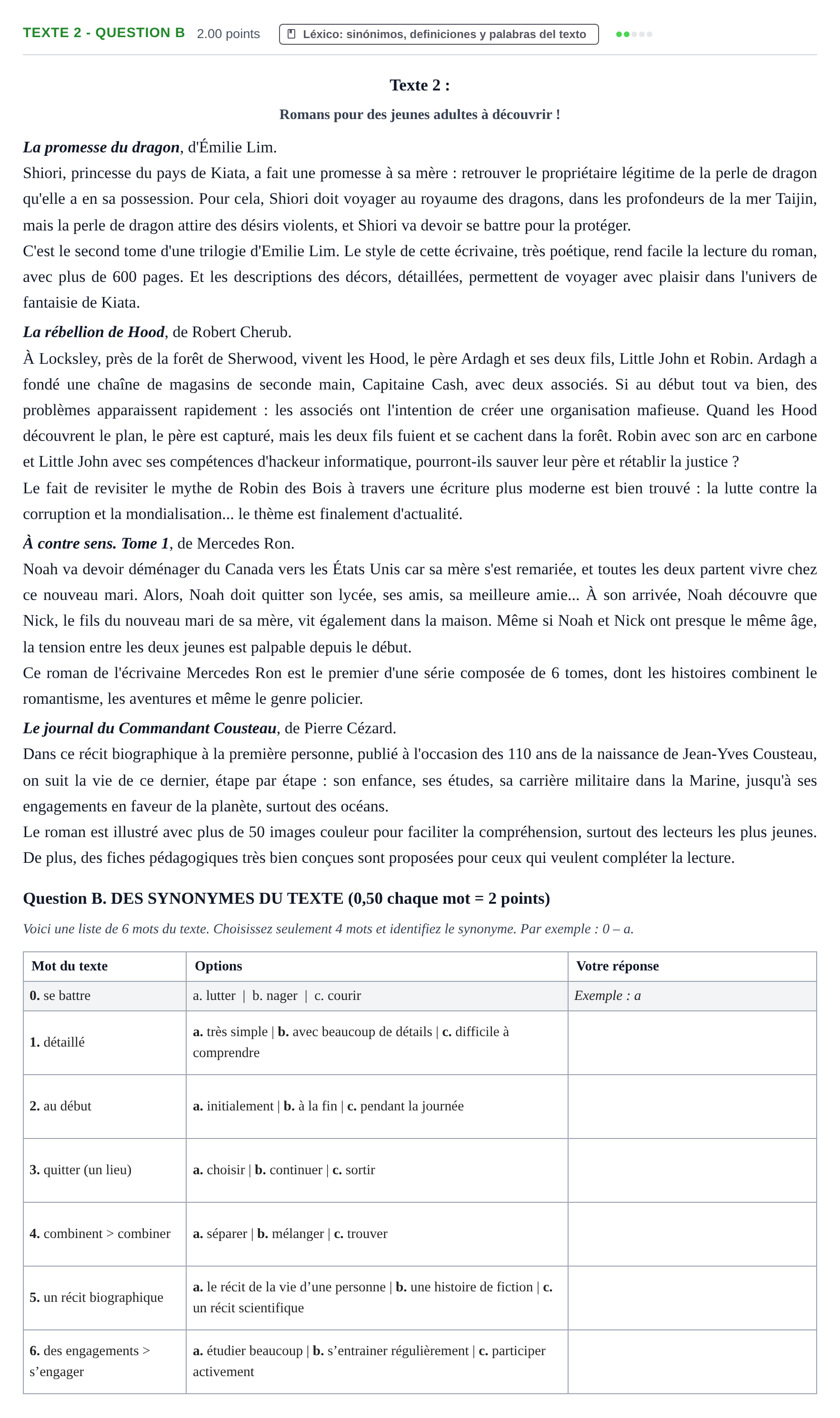 Enunciado: Ejercicio Texte 2 - Question B · Francés PAU Castilla-La Mancha Extraordinaria 2024