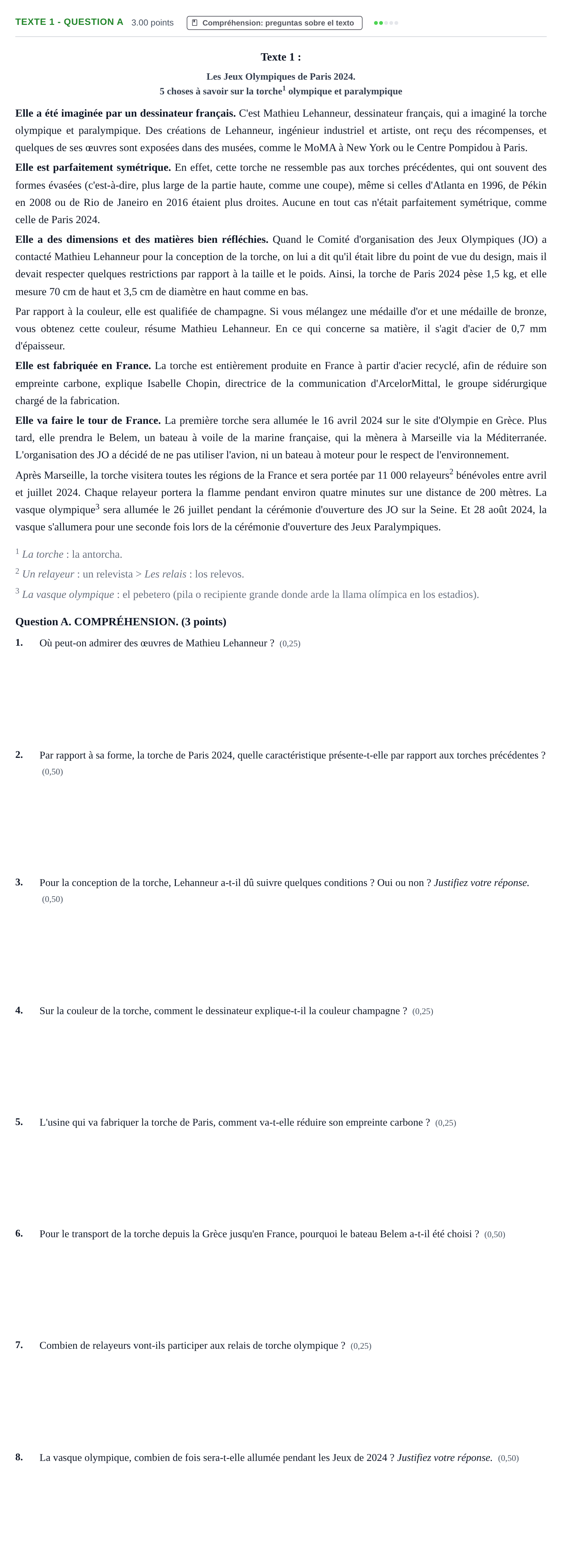 Enunciado: Ejercicio Texte 1 - Question A · Francés PAU Castilla-La Mancha Ordinaria 2024