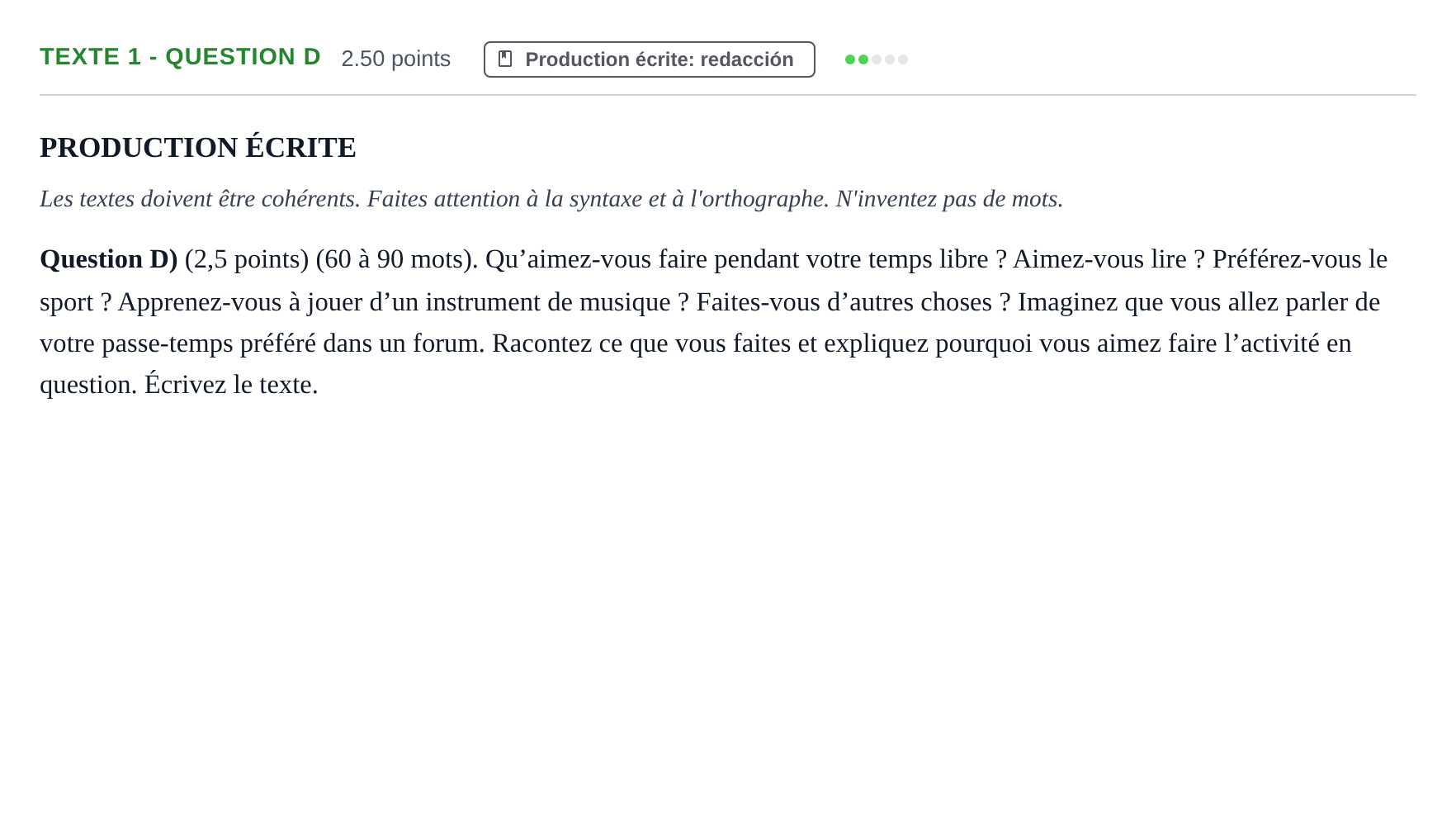 Enunciado: Ejercicio Texte 1 - Question D · Francés PAU Castilla-La Mancha Ordinaria 2024