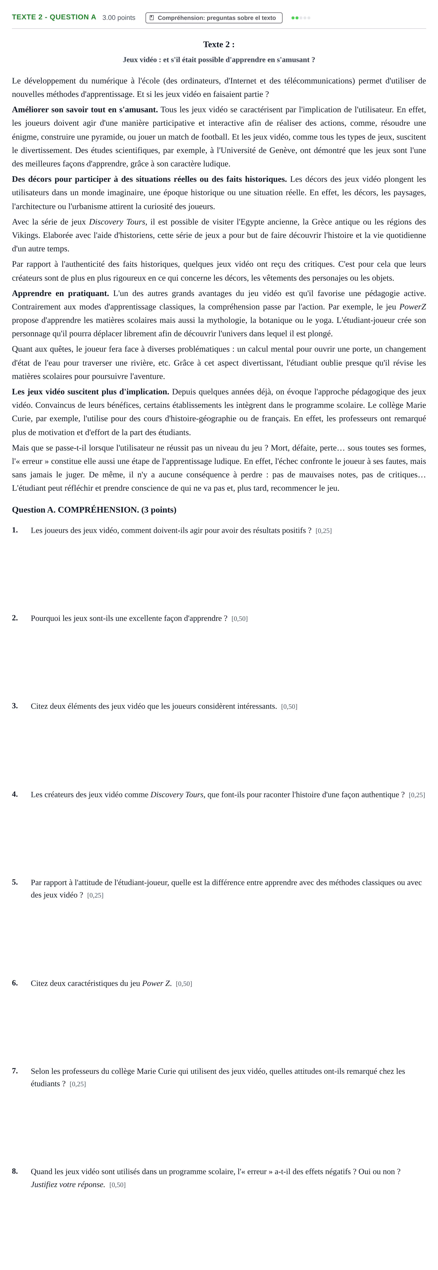 Enunciado: Ejercicio Texte 2 - Question A · Francés PAU Castilla-La Mancha Ordinaria 2024