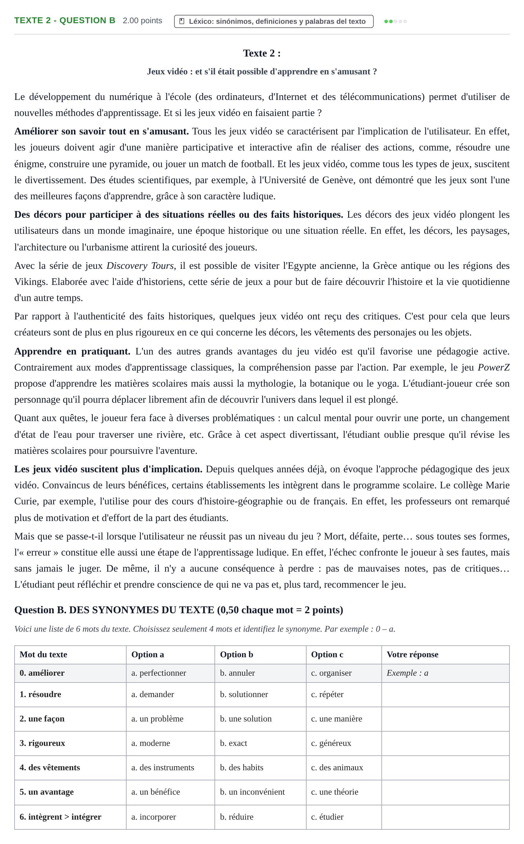 Enunciado: Ejercicio Texte 2 - Question B · Francés PAU Castilla-La Mancha Ordinaria 2024