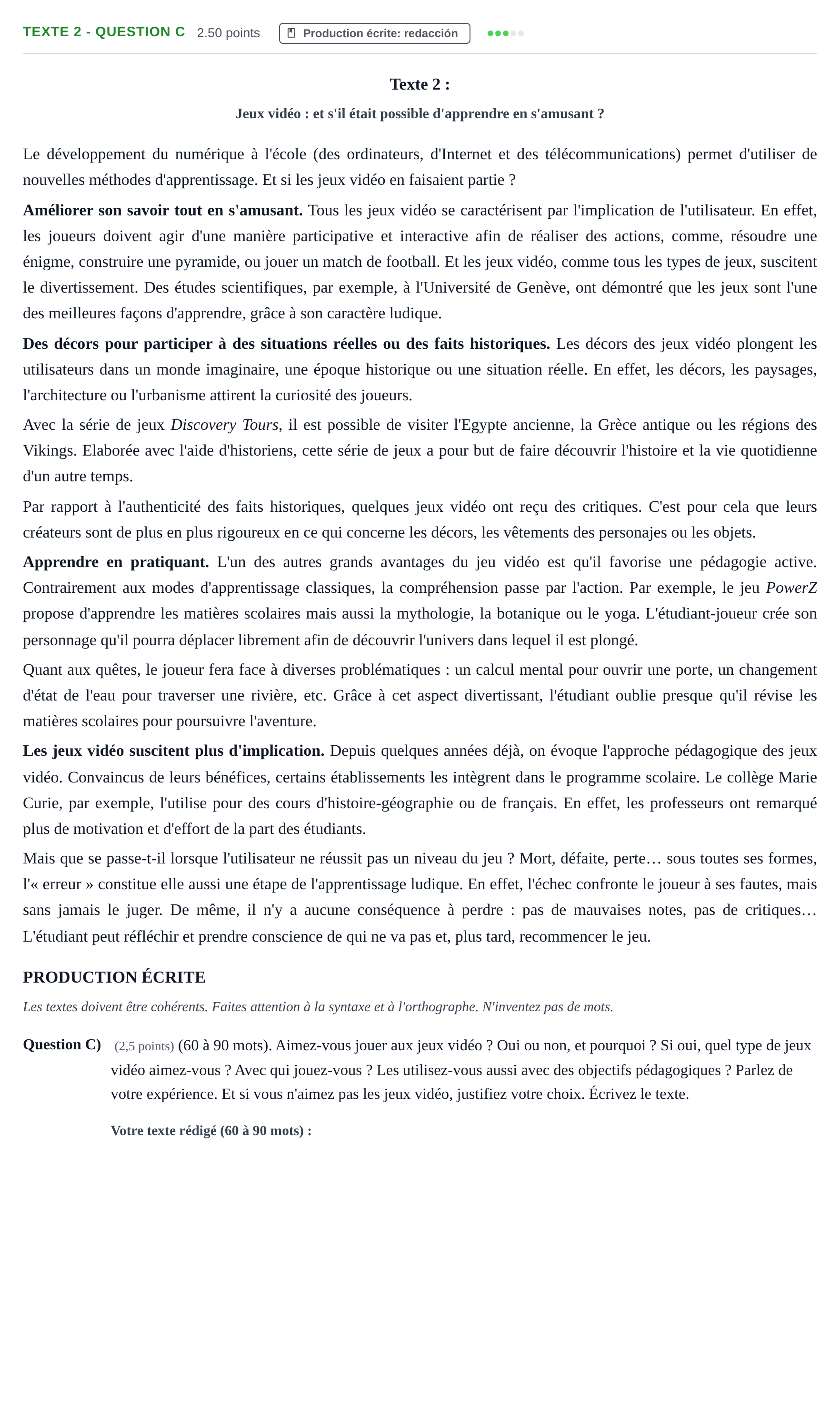 Enunciado: Ejercicio Texte 2 - Question C · Francés PAU Castilla-La Mancha Ordinaria 2024
